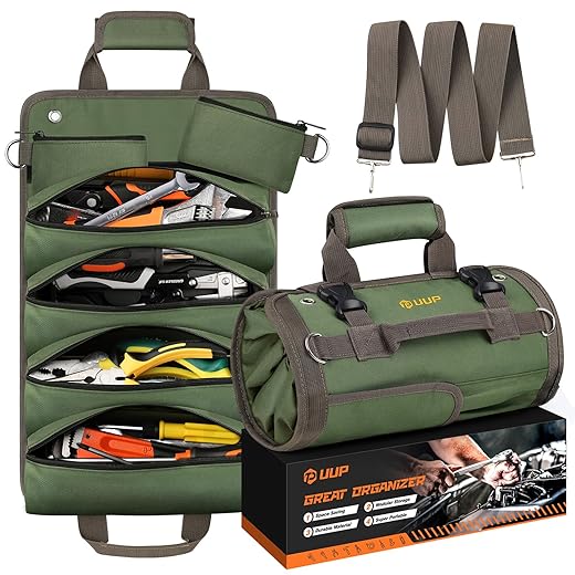 UUP Tool Bag Roll Up, Heavy Duty Tool Organizer for Men Women, Portable Tool Storage Box with 2 Detachable Zipper Pouch, Compact Small Carrier Bag for Electrician Mechanic, Father Day Dad Gifts, Green