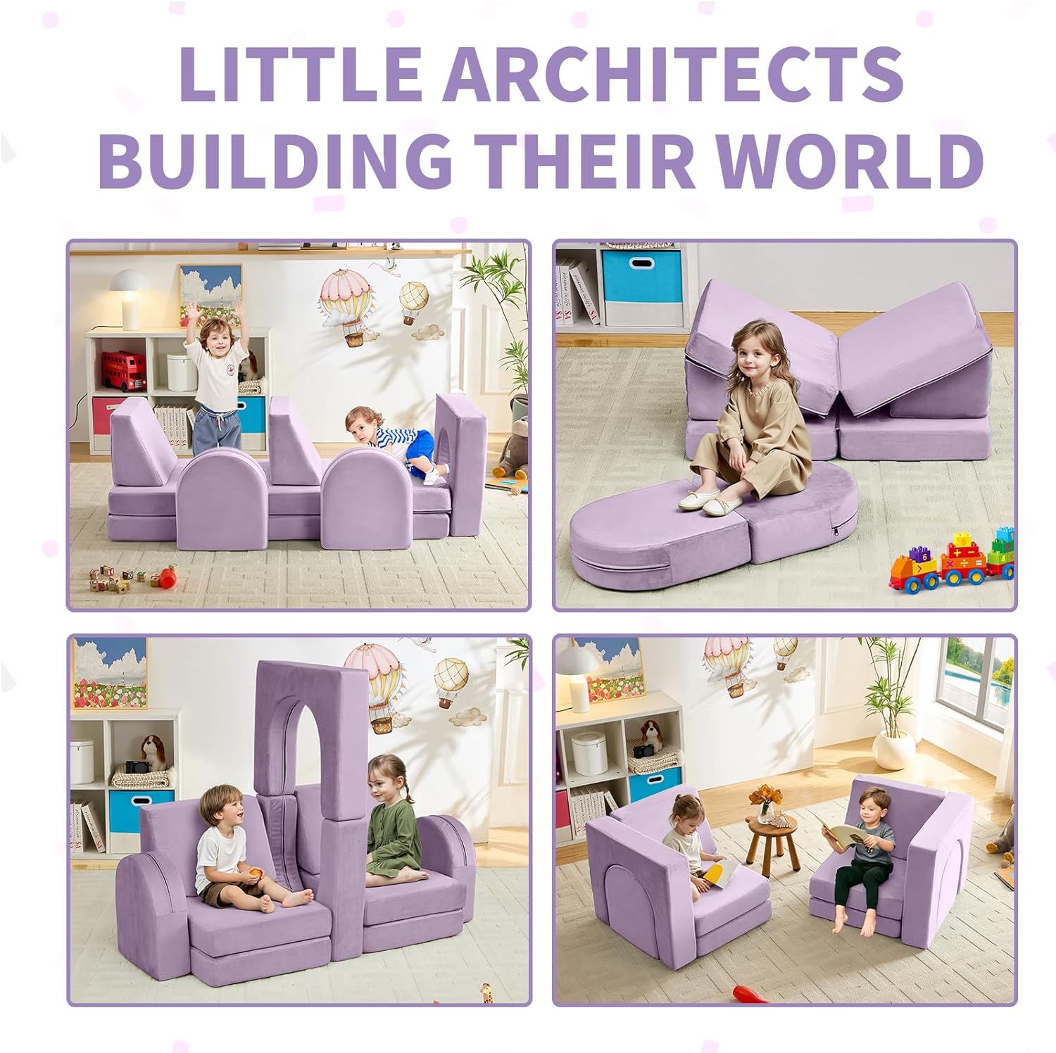 wanan Kids Couch 10PCS, Modular Kids Play Couch for Playroom Bedroom, 10 in 1 Multifunctional Kid Sofa for Playing, Creativing, Sleeping, Indoor Toddler Couches for Boys and Girls (Blueberry)