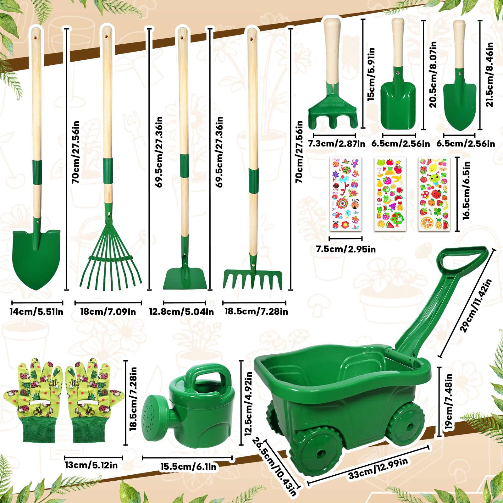 Schubkarre für Kinder, 13-teiliges Gartenwerkzeug Set mit Schaufel, Rechen, Gießkanne, Handschuhe, Sticker (Grün)