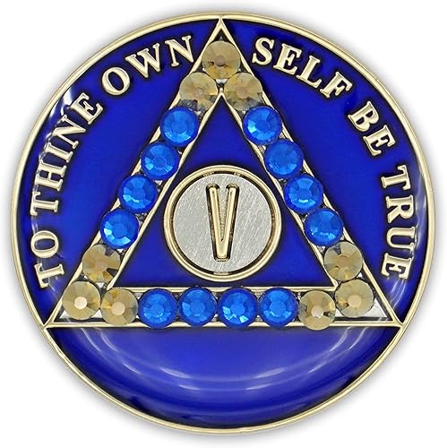 Miniatura 3 de Moneda de sobriedad de 5 años  Ficha de aniversario de recuperación de medallón de chip AA cristalizado azul con oración de serenidad