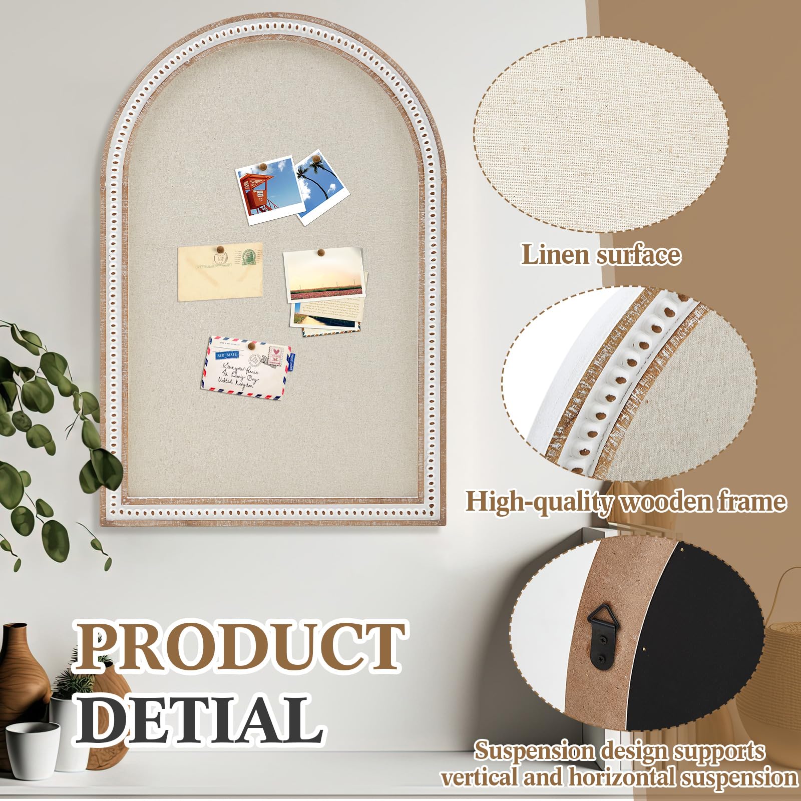 Wonderjune Vintage Bogen gerahmte Pinnwand Leinen Pinnwand Große Stoff Dekorative Pinnwand für Wand Verziertes Bild Memo Display Pinnwand für Home Office Bauernhaus (Weiß, 61 x 91,4 cm, Boho-Bogen)