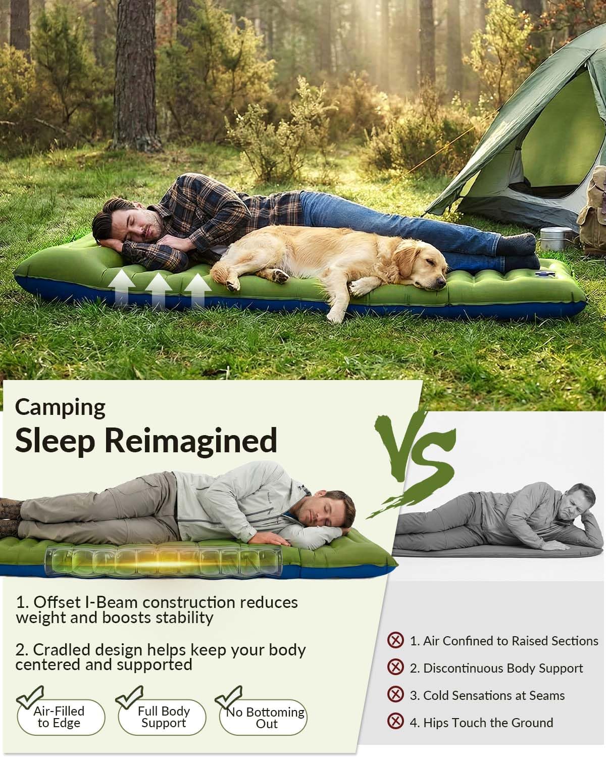 NINTYNINE Camping Sleeping Pad, 5.9" Extra-Thick Reinforced Camping Pad with Built-in Pillow & Foot Pump, Ultralight Compact Inflating Sleeping Mat for Backpacking Hiking Travel Tent Beach