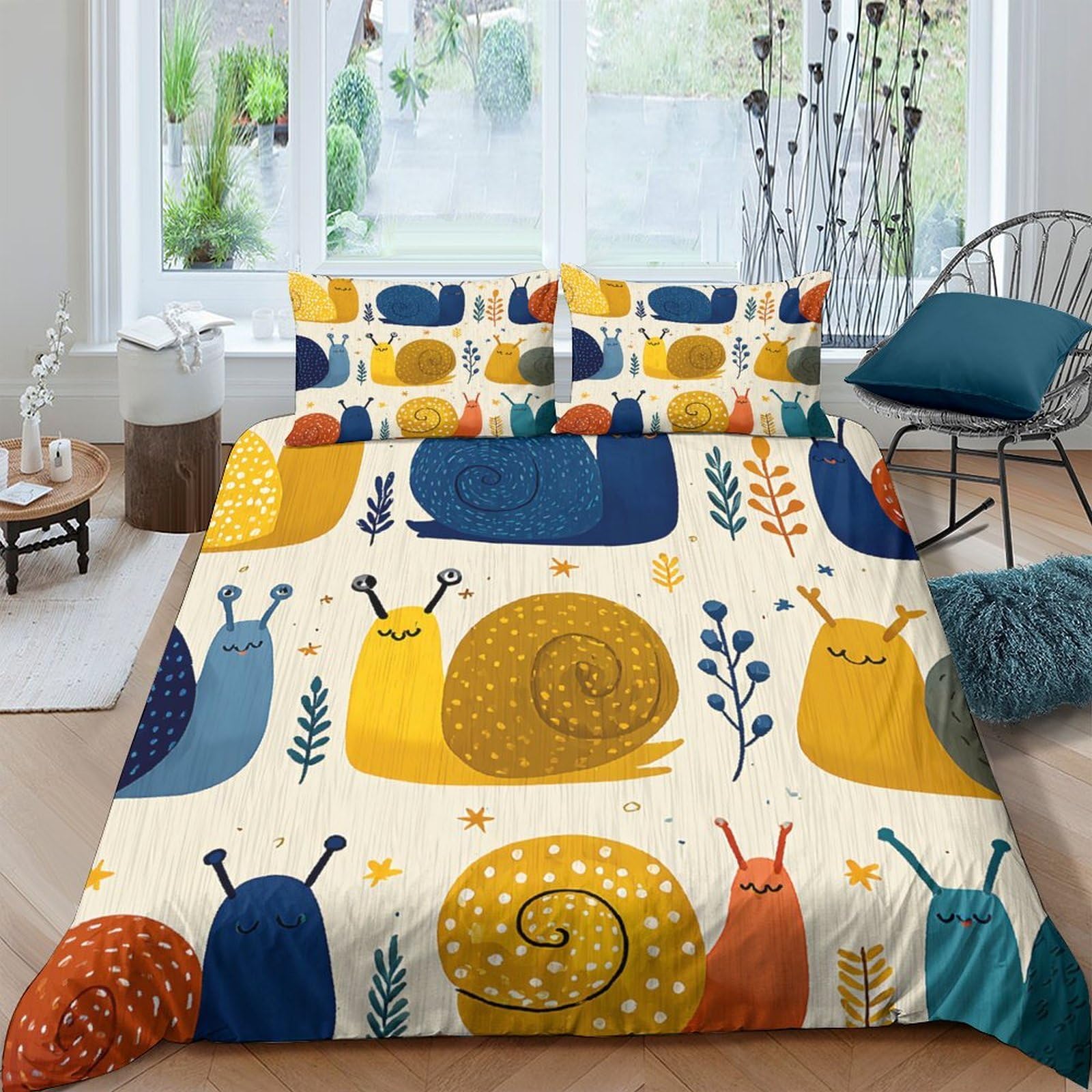 GPLZQXKJNH 3D Printed Colourful Snail Duvet Cover Microfiber Soft Breathable Forest Leaves Bedding Set with 2 Pillowcases for Bedroom Decor Single（135x200cm）