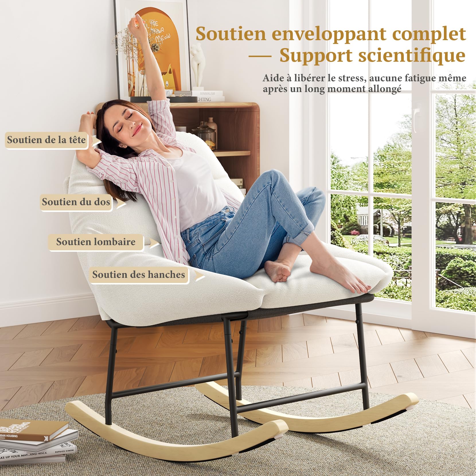 Fauteuil à bascule confortable pour chambre d'enfant, avec rembourrage en polaire Sherpa, assise profonde, assise rembourrée et accoudoirs larges, pour salon, chambre à coucher et bureau, beige