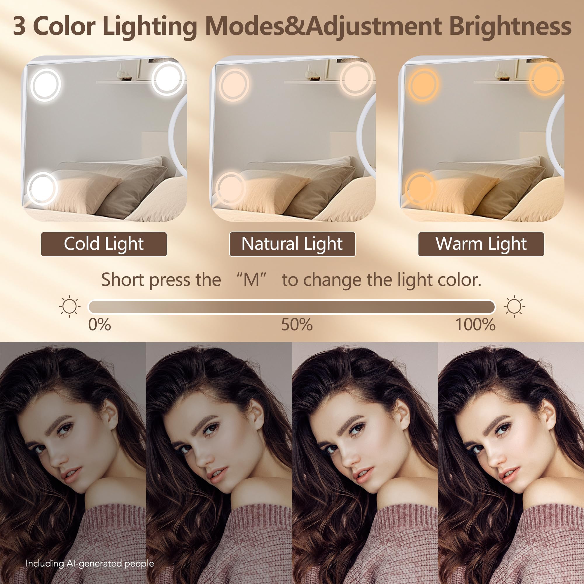 Miroir de maquillage éclairé, miroir de courtoisie Hollywood de 35,6 x 30,5 cm avec 9 ampoules LED, 3 lumières de couleur, miroir grossissant x10 amovible, rechargeable 1200 mAh, contrôle