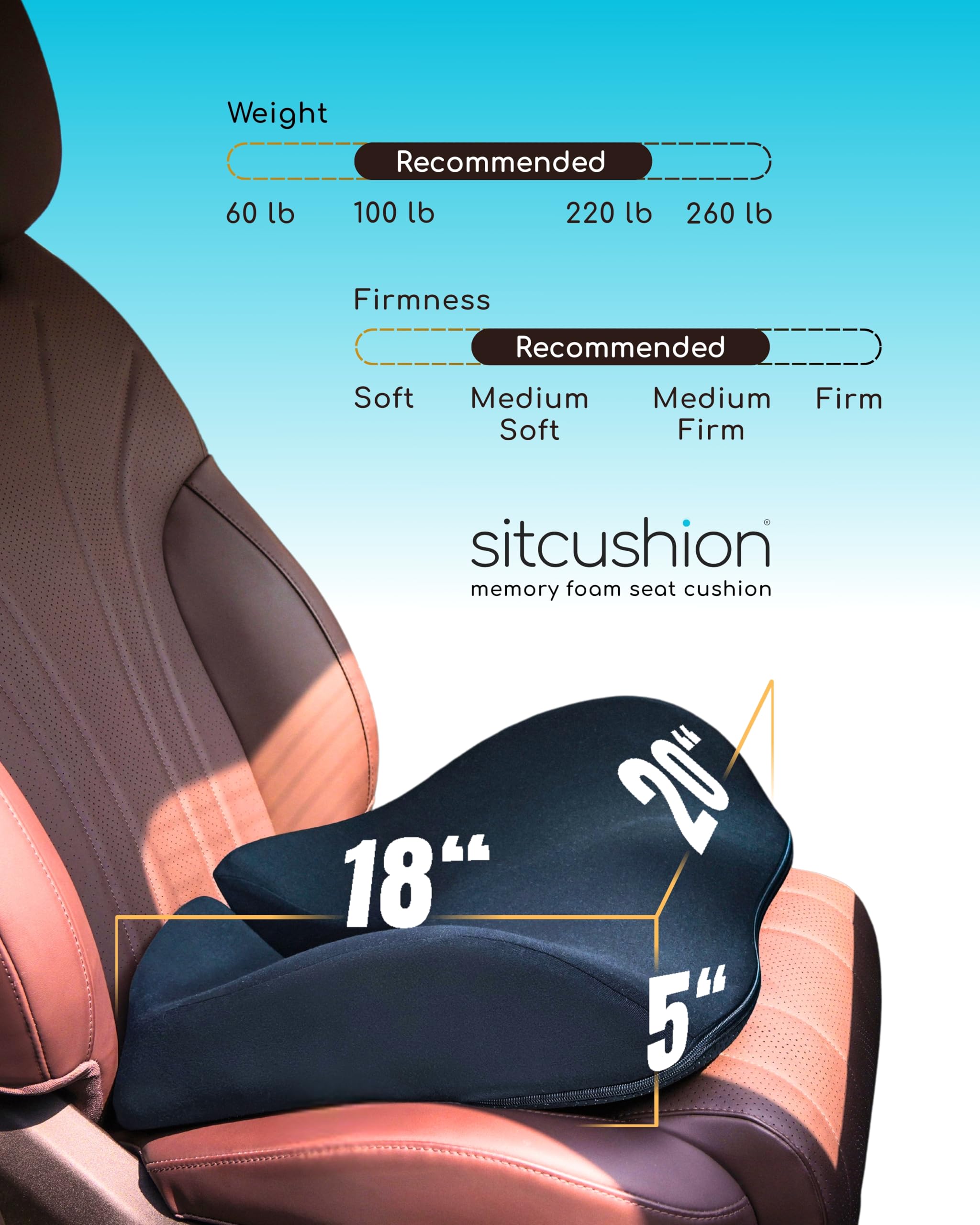 SitCushion Car Seat Cushion for Long Driving Extra Large Memory Foam Seat Cushion for Sciatica Pain Relief Car — view 5