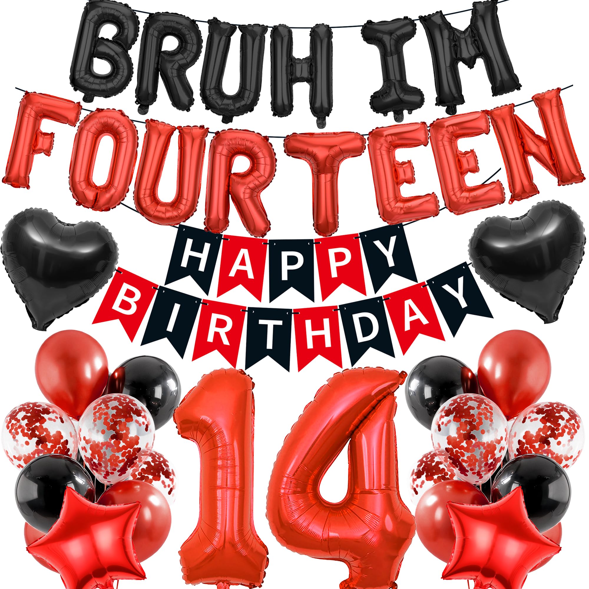 14th Birthday Decorations Banners Boy - 39 Pcs Black and Red Happy Birthday Banner BRUH I'M FOURTEEN Star Heart Number 14 Foil Balloons Decoration Sequin Balloons for 14 Years Old Boys Party Decor