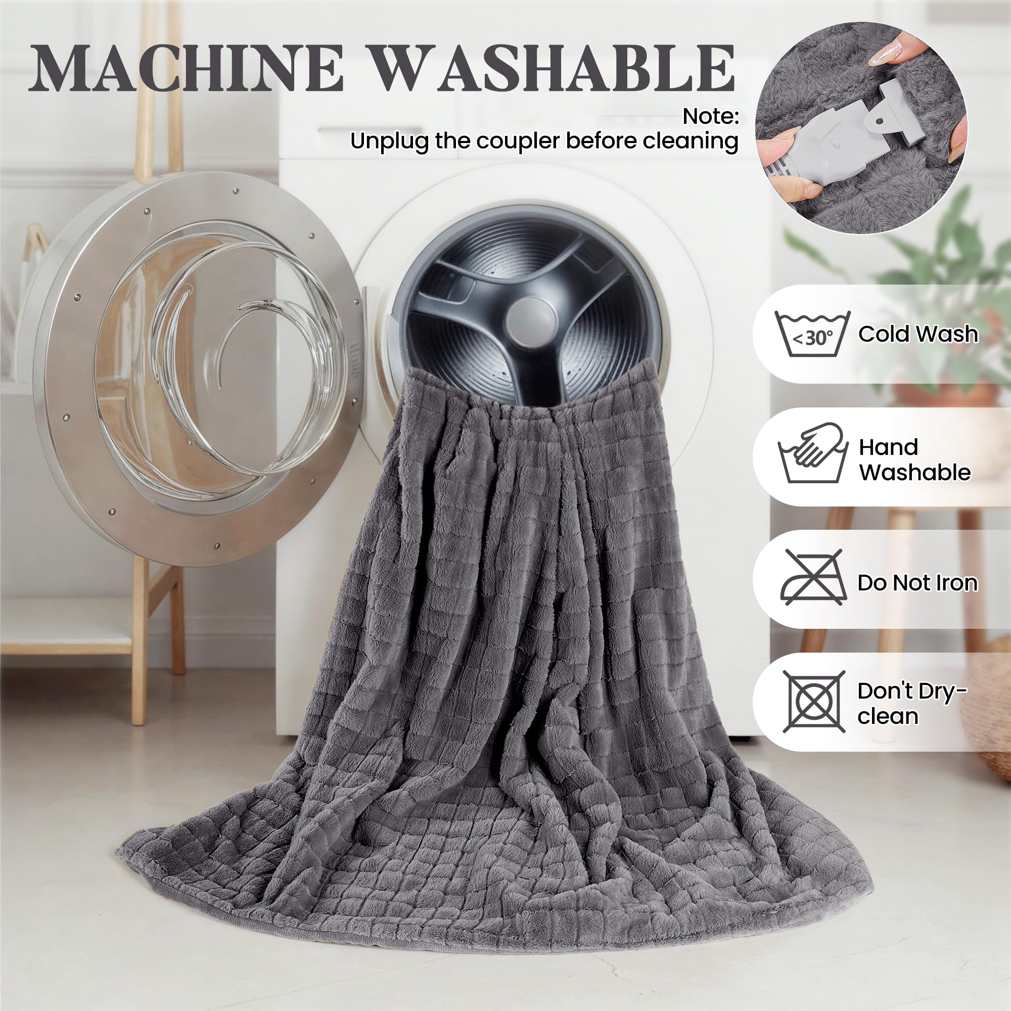 Manta eléctrica calefactora 130x180cm, Vellón de conejo 3D de rejilla & Franela, 4 ajustes de calor, Apagado automático 10H, Manta térmica lavable a máquina para cama sofá oficina (Gris oscuro)
