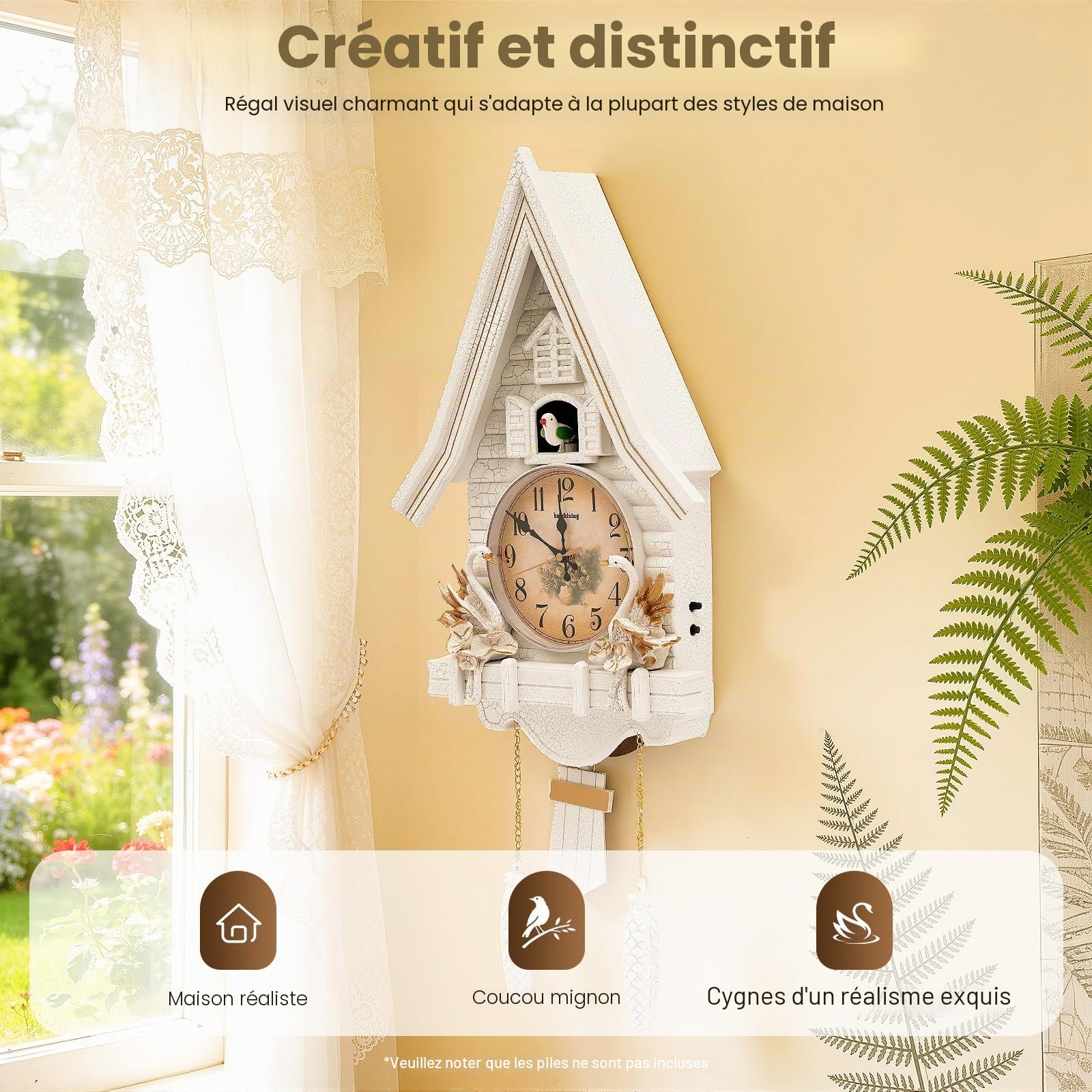 Horloge à coucou moderne - Horloge à coucou - Blanc - Forme de maison - Horloge murale à piles - Avec commande du volume - Mode nuit - Mouvement silencieux pour salon chambre bureau 32,5 x 11 x 69 cm