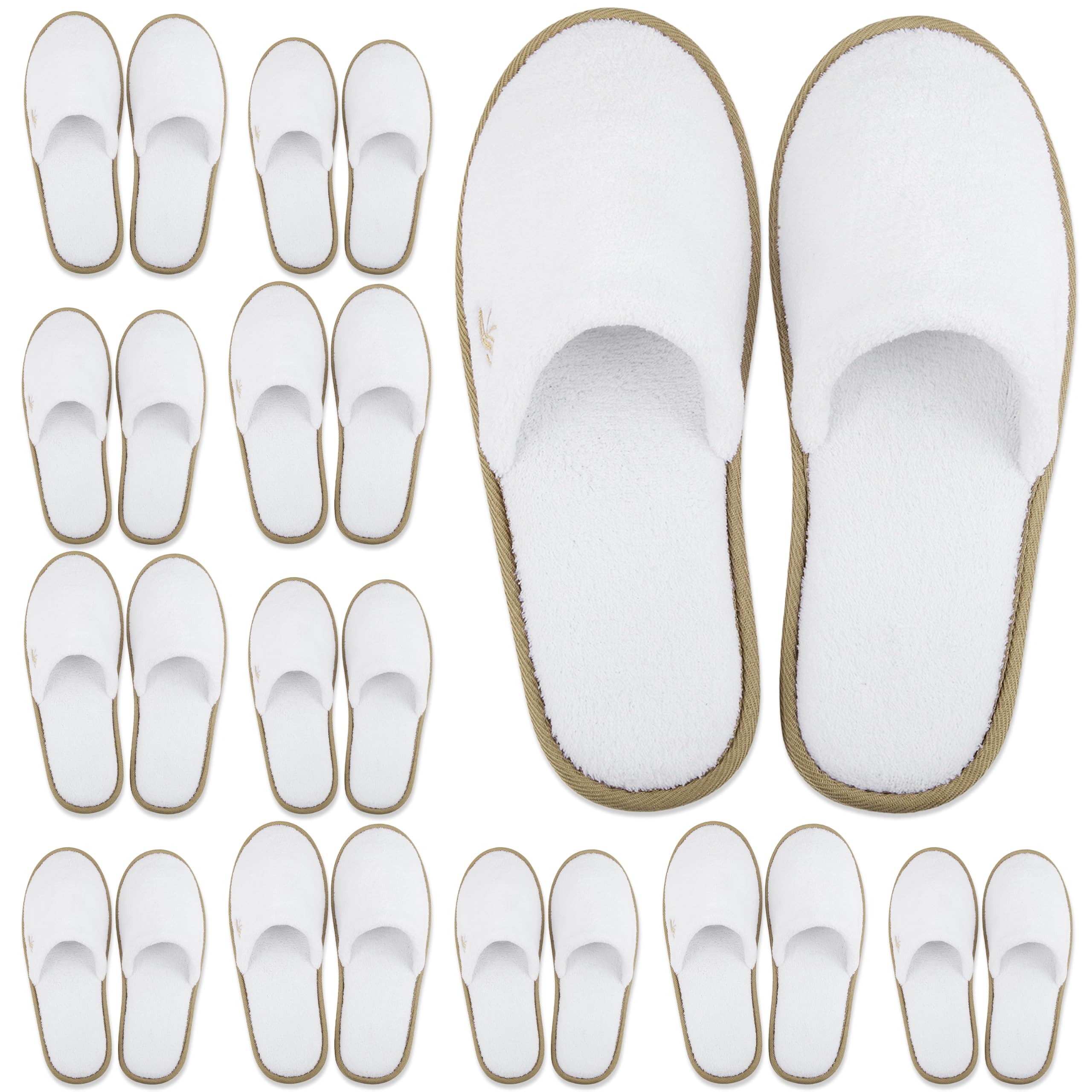 BERGMAN KELLY Spa Slippers, Closed Toe (Medium & Large, 12 Pairs, White + Cocoa Trim), Disposable Indoor Hotel Slippers for Men and Women, Fluffy Coral Fleece, Deluxe Padded Sole for Extra Comfort