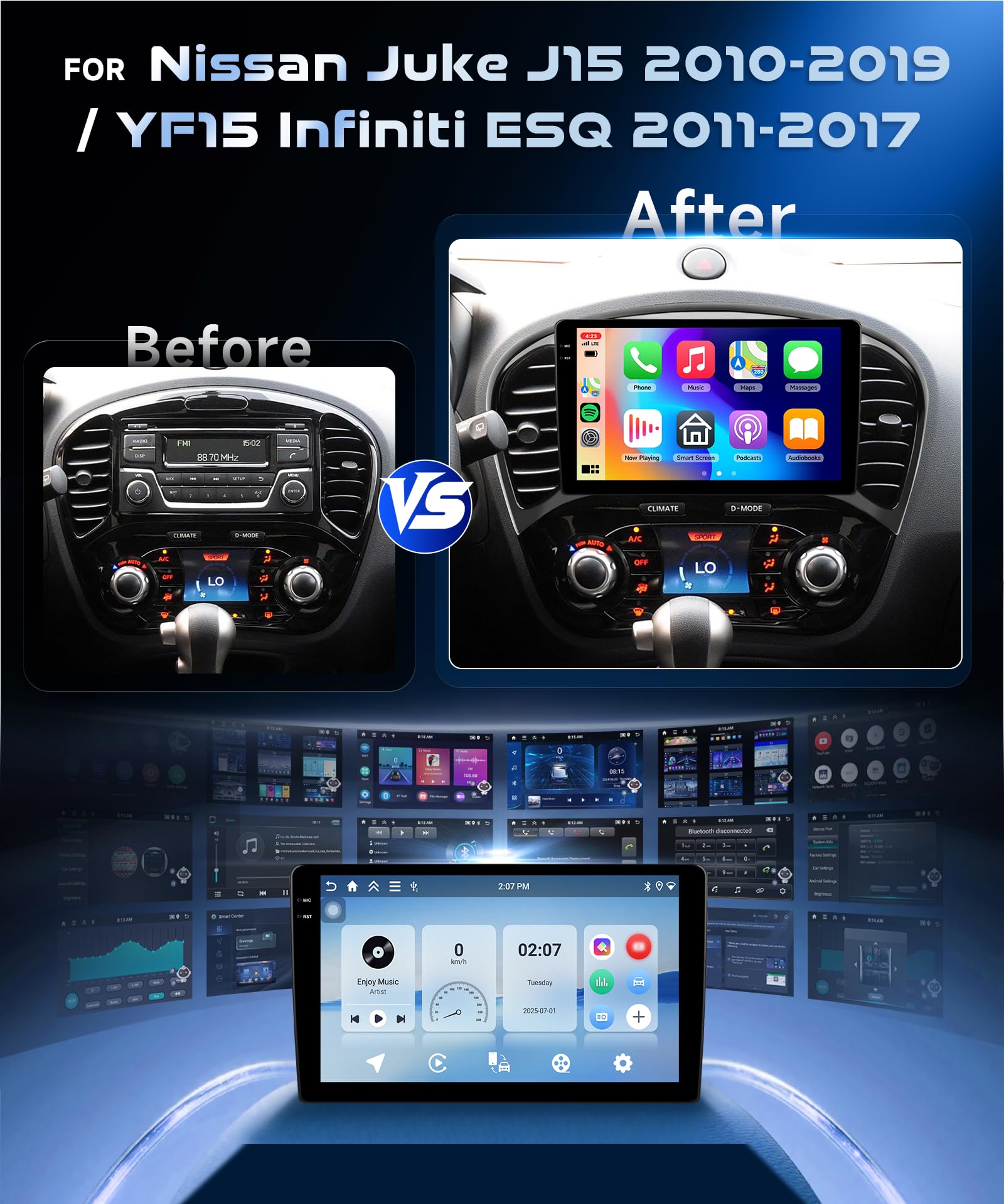 4G&64G 9" Autoradio per Nissan Juke J15 2010-2019/ YF15 Infiniti ESQ 2011-2017 con Carplay Android Auto,Bluetooth RDS/FM Radio,Wi-Fi GPS Navi,Telecamera posteriore AHD
