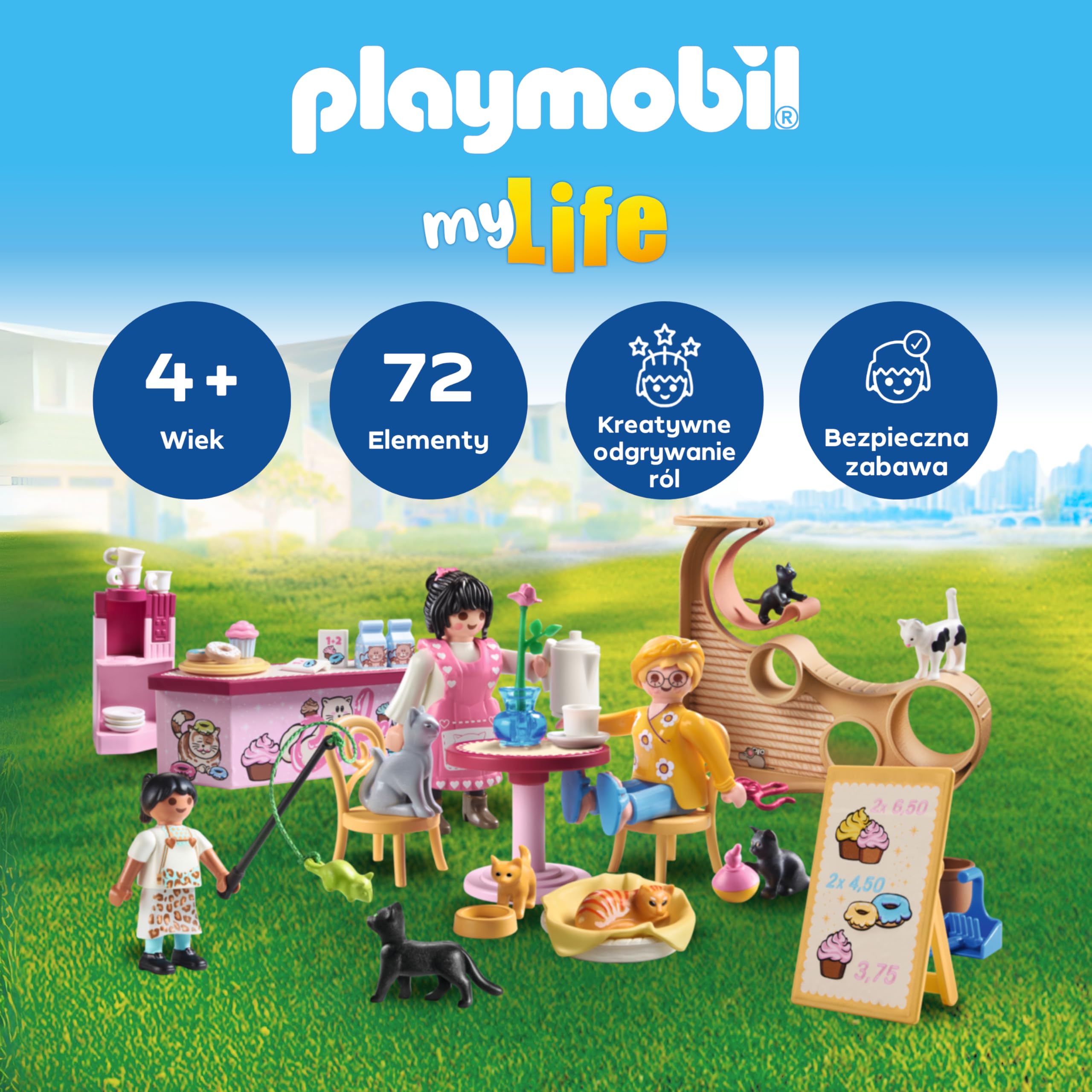 PLAYMOBIL | My Life | Kawiarnia dla kotów | Zabawka dla dzieci | Zestaw z figurkami zwierząt | Zabawka dla dzieci powyżej 4 roku życia | 71744