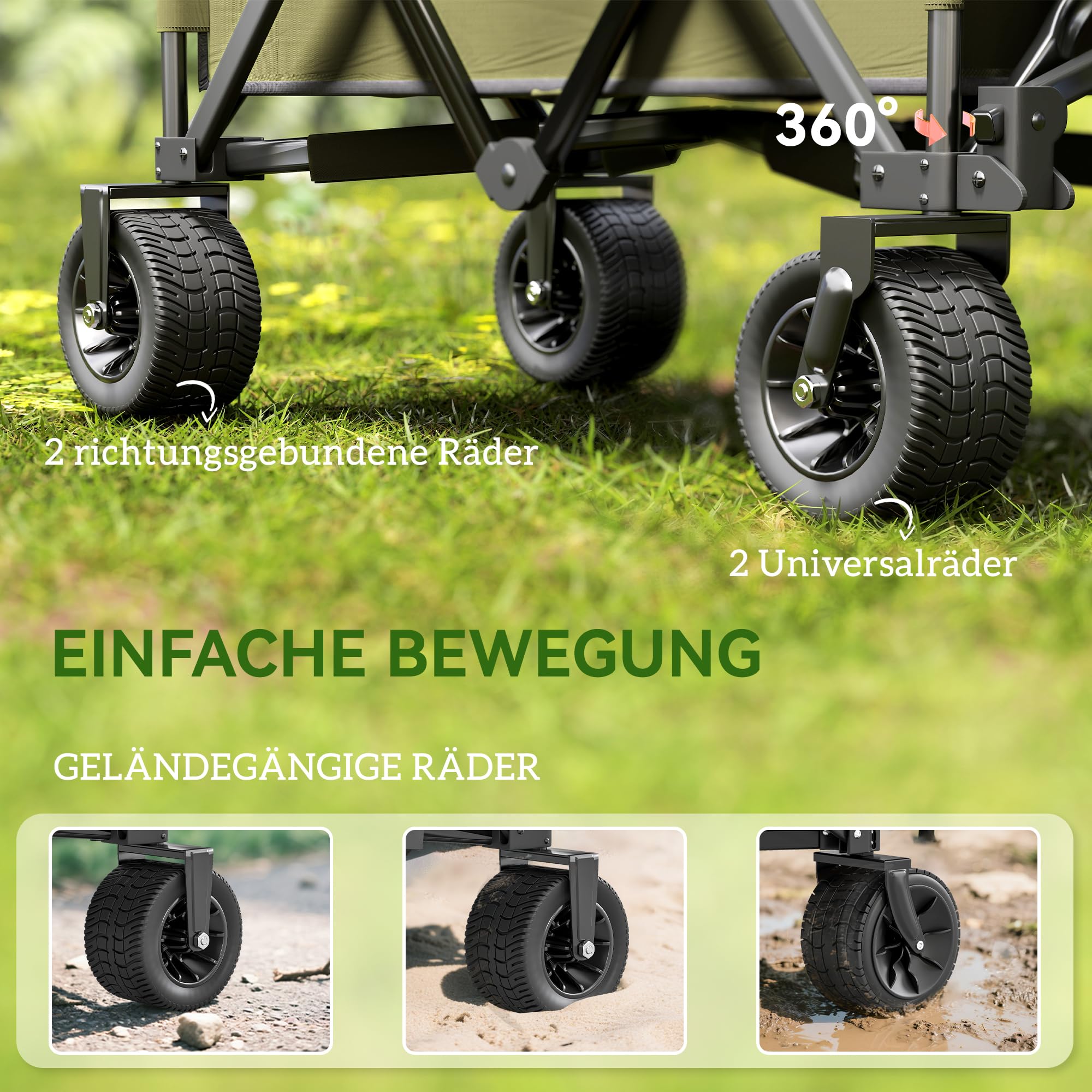 Outsunny Bollerwagen Faltbarer Handwagen mit Verstellbarem Griff Grün | Schwerlast Strandwagen, Taschen, Gartenwagen mit Breiten Drehrädern, Transportwagen bis 120 kg Belastbar