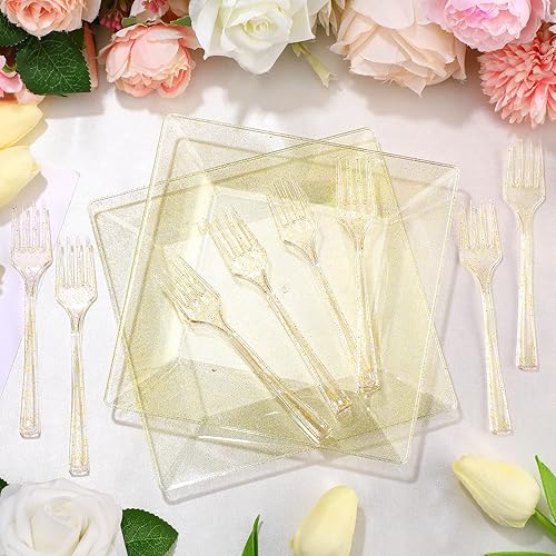 Miniatura 4 de 300 platos desechables con purpurina dorada para 150 invitados, platos de postre dorados de 6.5 pulgadas con tenedores de plástico, juego de vajilla