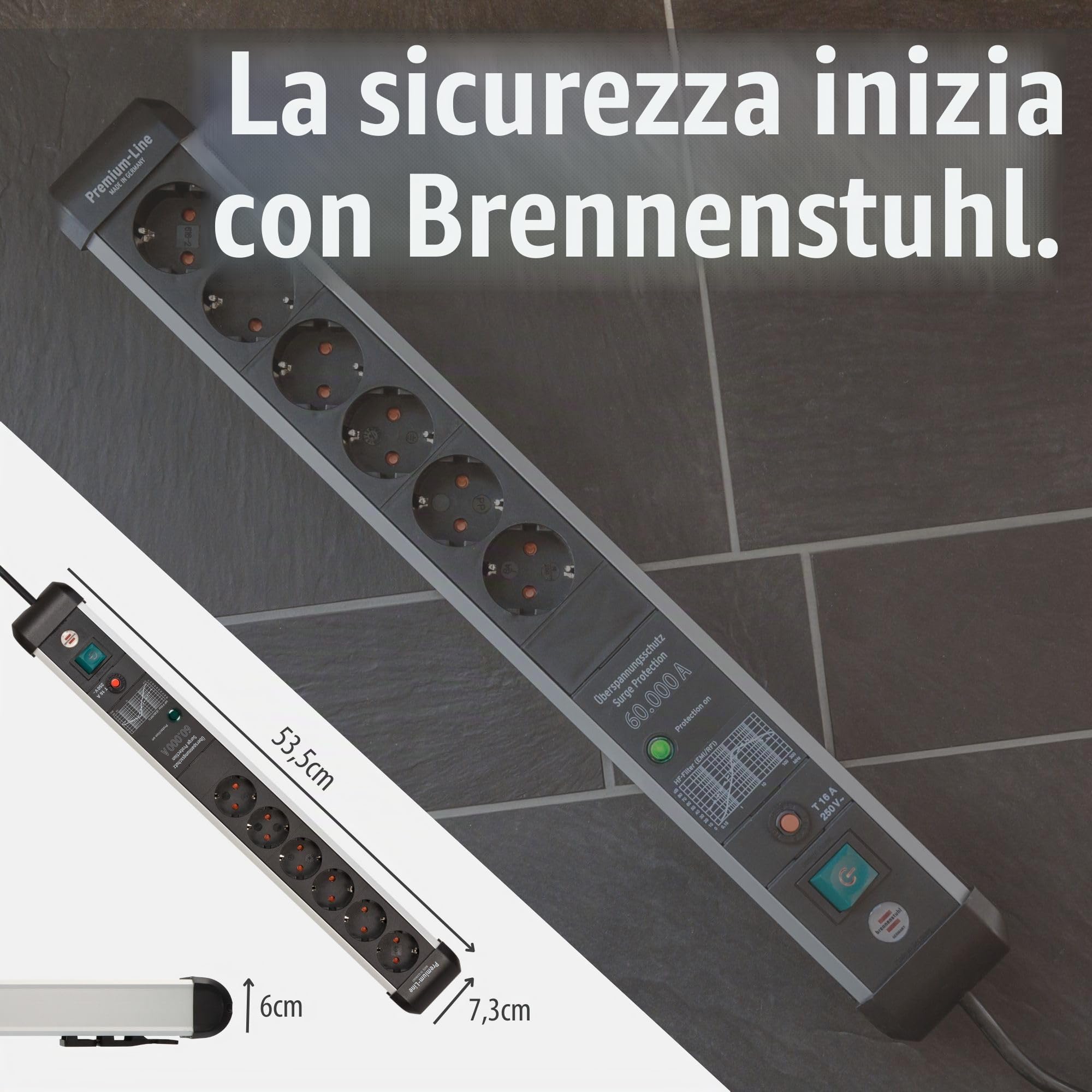 Brennenstuhl Premium Protect-Line - Ciabatta elettrica a 6 prese con protezione contro le sovratensioni 60.000 A (presa multipla con interruttore e cavo da 5 m, Made in Germany) argento/nero