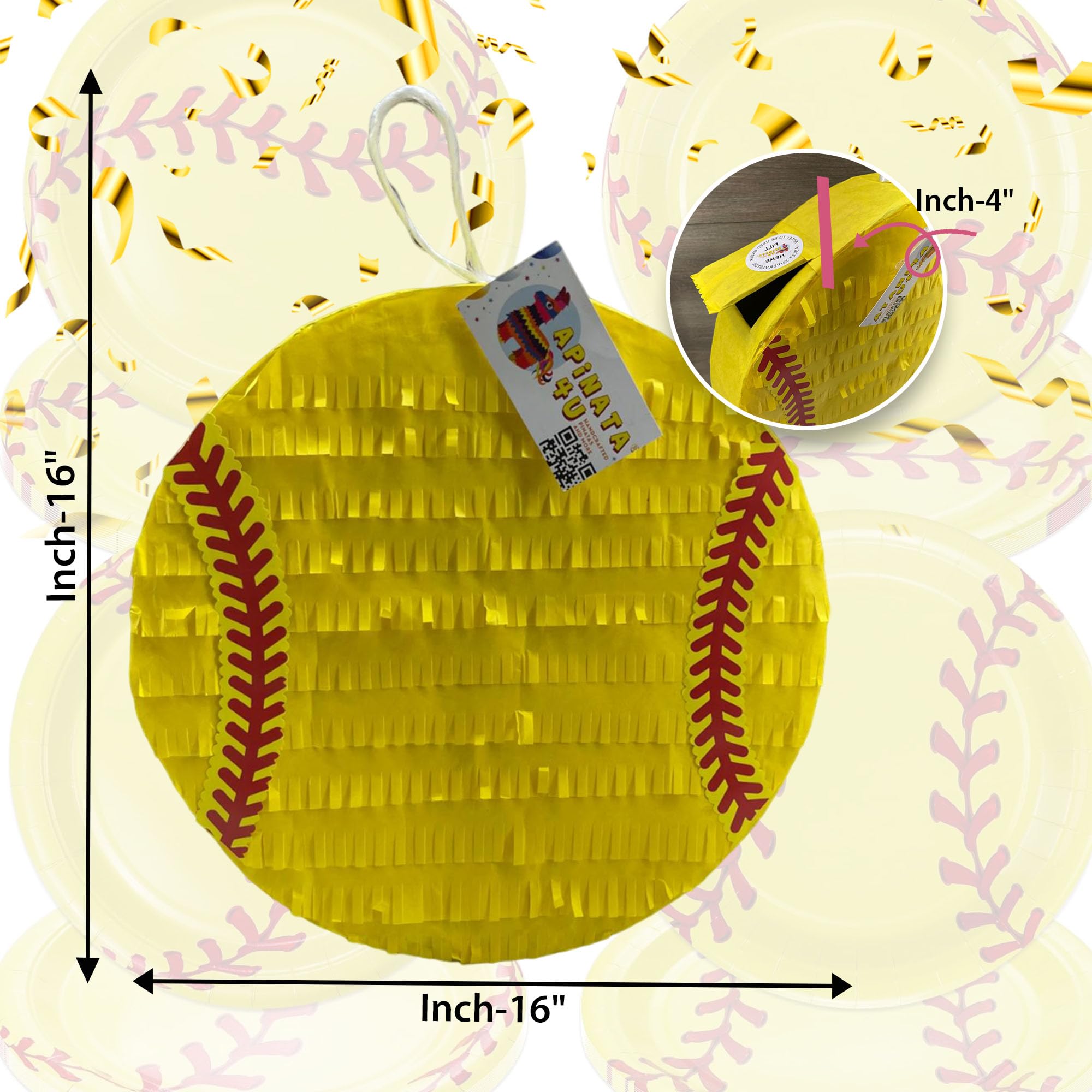 Piñata softball 2D, żółty, 40,6 cm, na przyjęcie urodzinowe, do dekoracji imprez