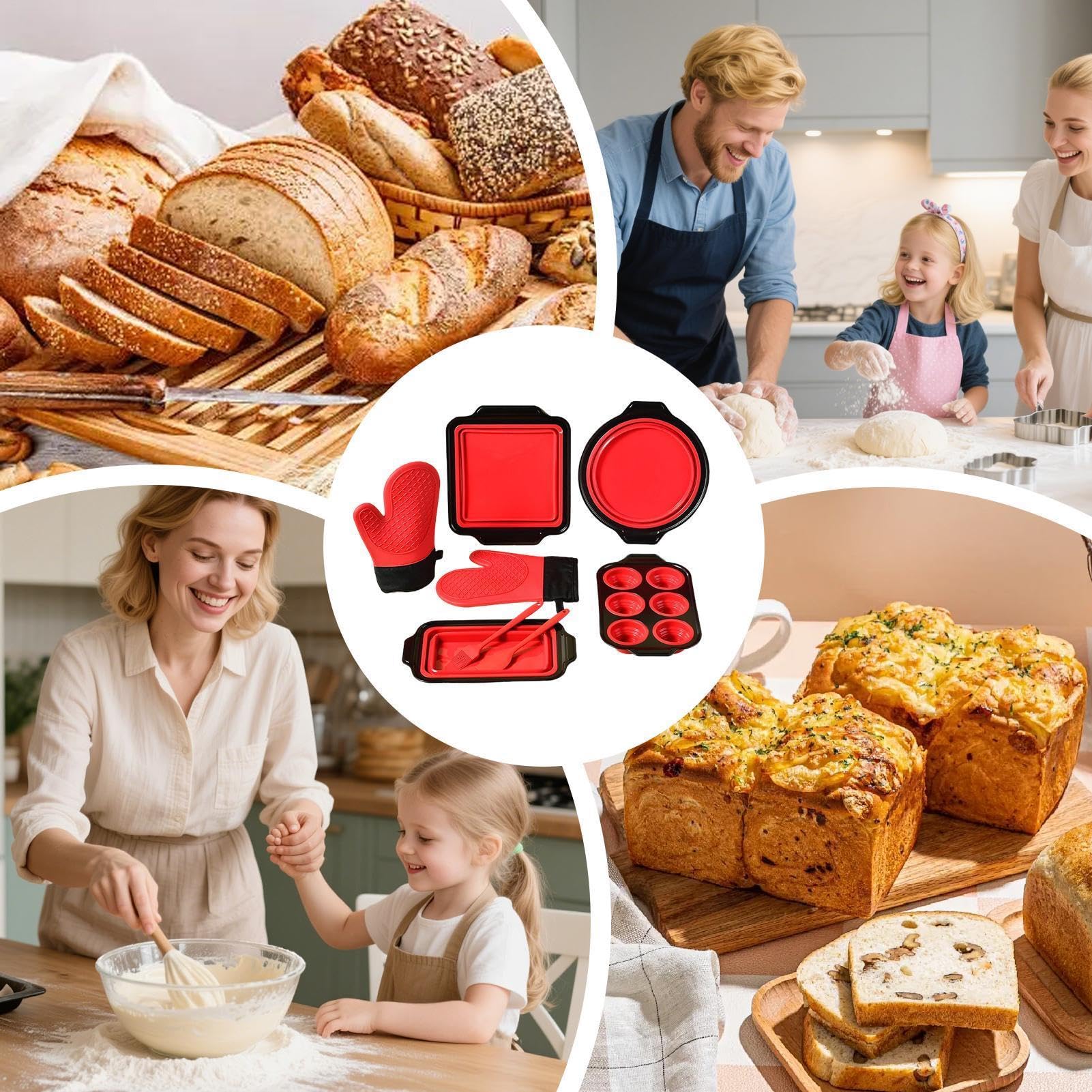 Silikon-Backformen Set Stapelbar & spülmaschinenfest | mit Topflappen, Teigschaber und Backpinsel, antihaftbeschichtet für Brot, Kekse, Eier, Toaster, Backofen & Küche