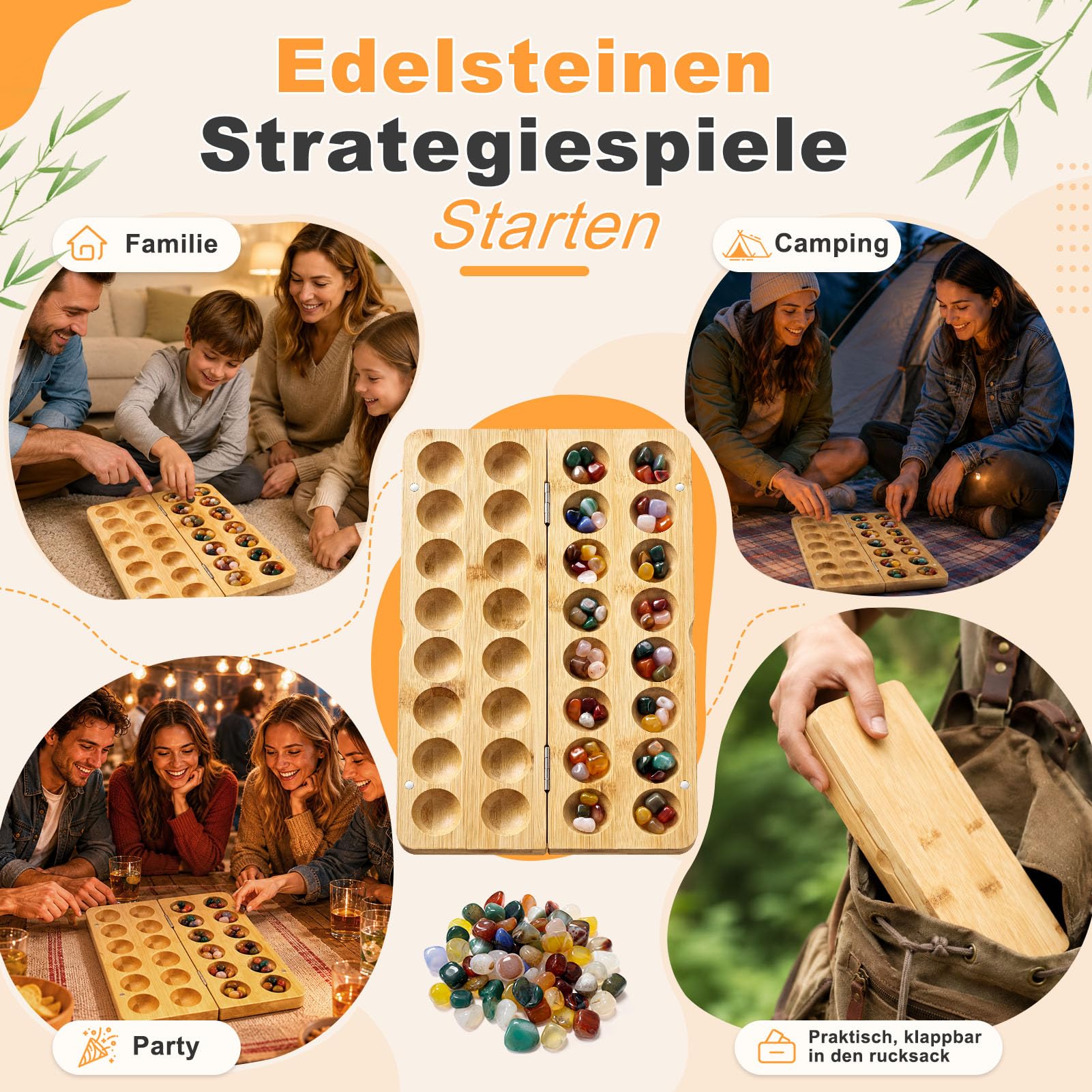Steinchenspiel Holz mit Steinen, Klappbares Holzbrett, Edelsteinen Strategiespiele, Zweispieler Steinspiel für Familie Party Schule Reise, 65 Juwelen