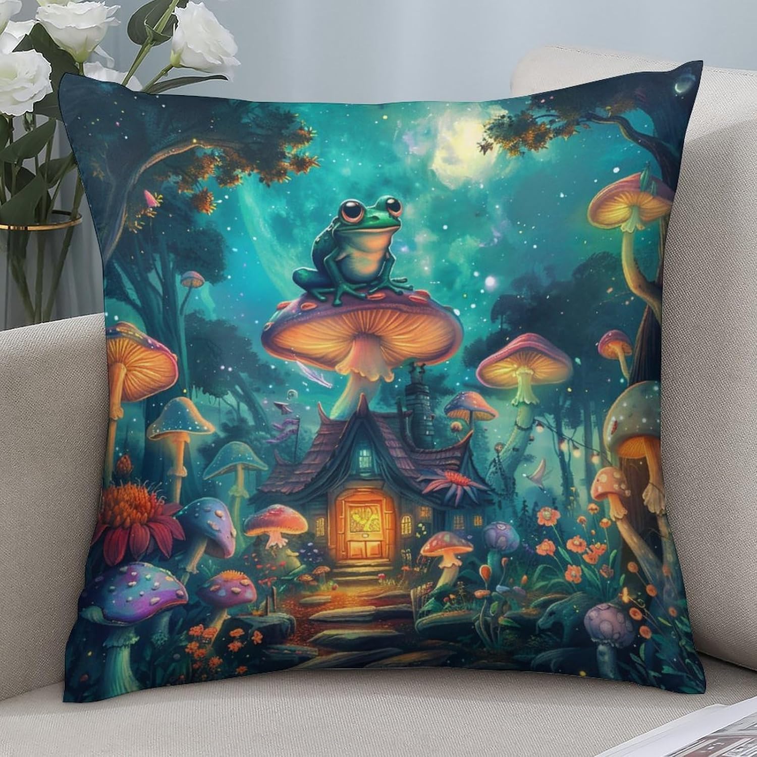 2 Packs Forest Fantasy Throw Pillow Covers for Living Room, Mystical Mushroom Cottage Frog Pillow Covers Cushion Case for Couch Sofa Bed, 20x20 inch