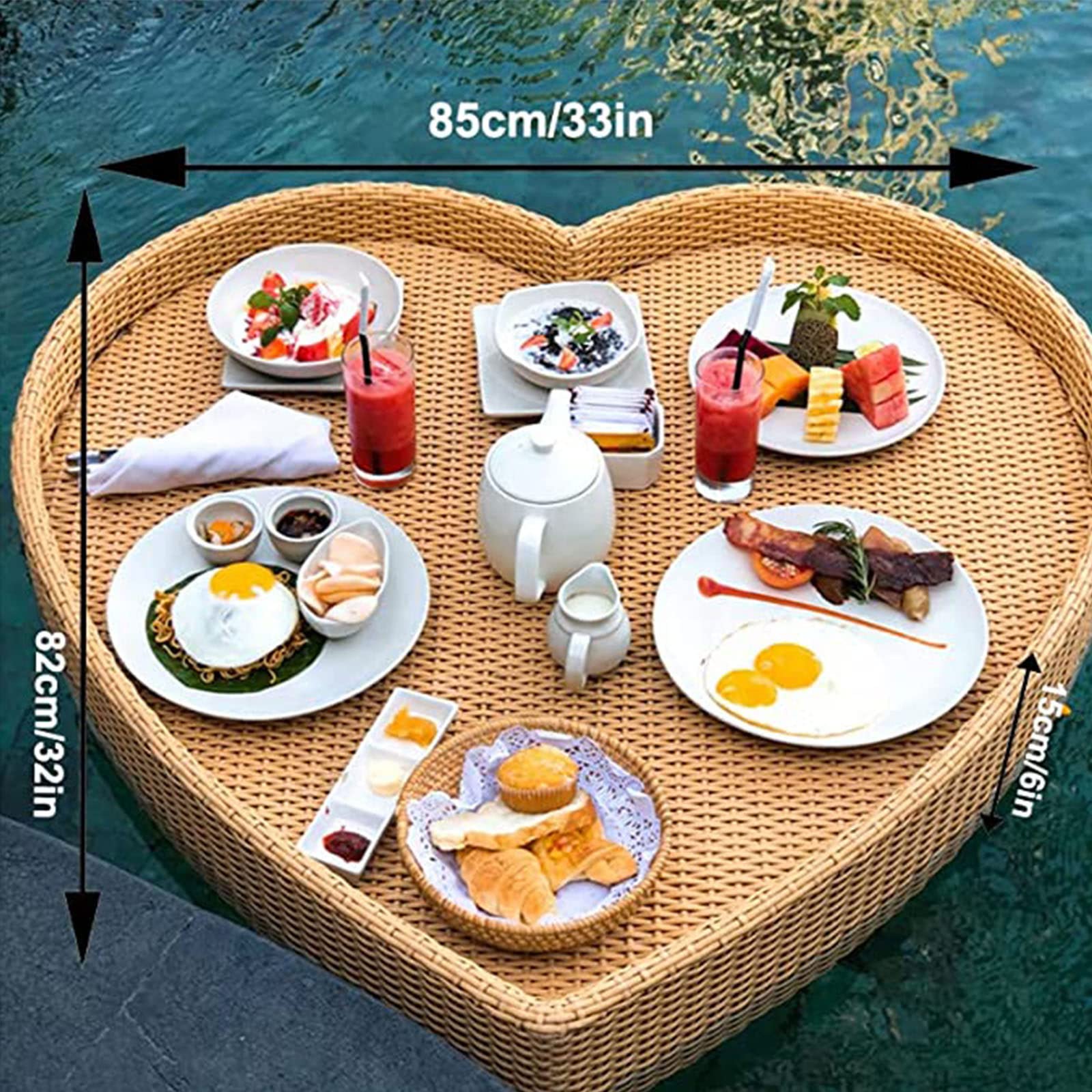 Table de Petit-déjeuner Flottante en Forme de cœur, Plateau de Piscine Flottant en rotin, Plateau de Buffet Flottant, Porte-Boissons, Flotteur de Piscine pour Barres de Sable, spas, fêtes, n