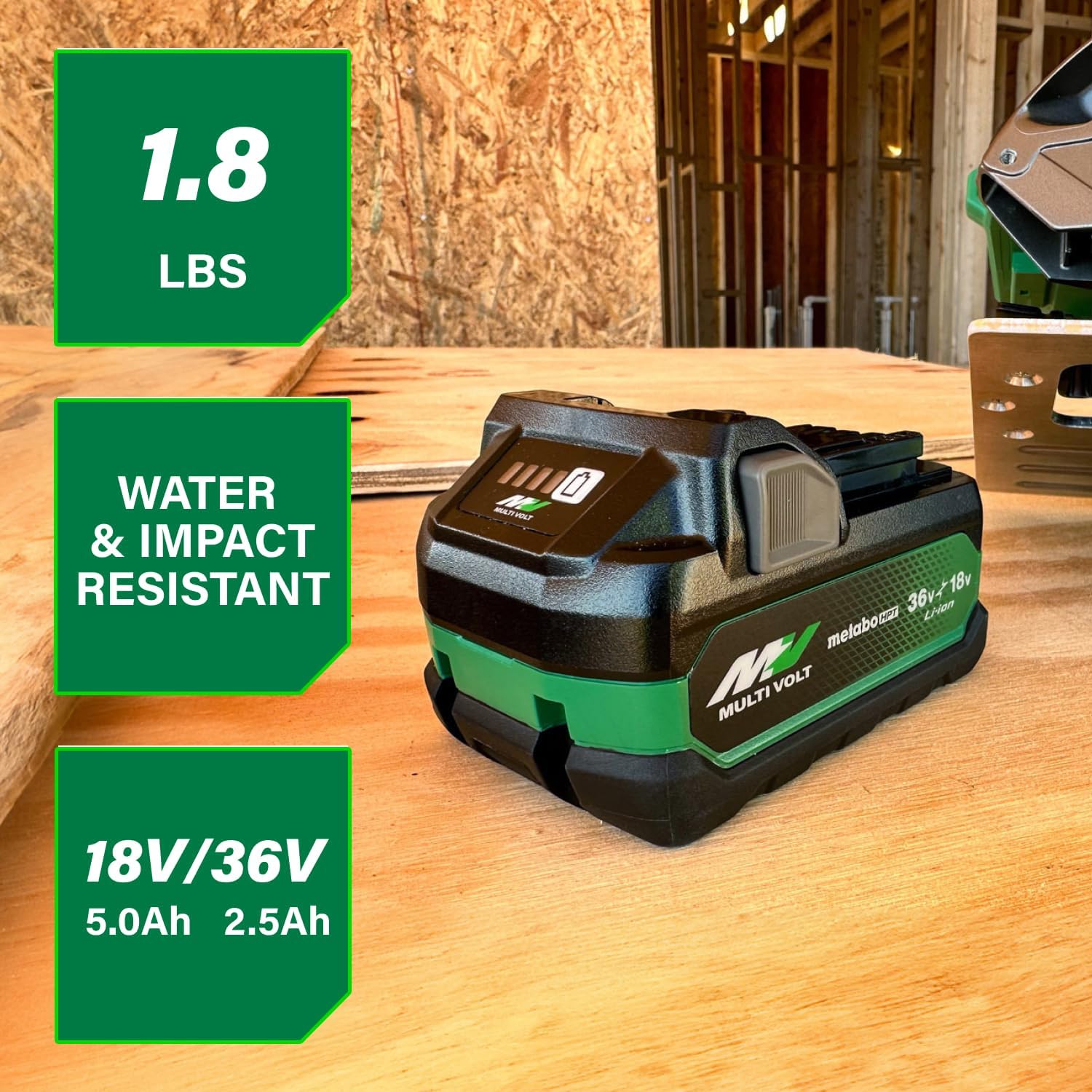 Metabo HPT 18V/36V MultiVolt Lithium Ion Battery, 5.0Ah/2.5Ah, Water & Impact Resistant, 4-Stage Fuel Gauge, Powers All 18V and 36V Tools, Lightweight Design, 2-Year Warranty, 380083M