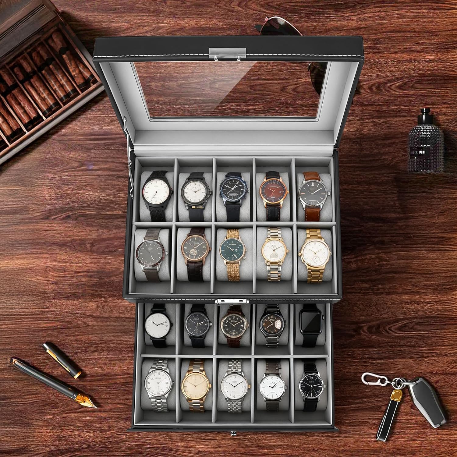 Caja de Relojes con Dos Capas, Estuche Relojero Organizador, Tapa de Cristal, PU Negro