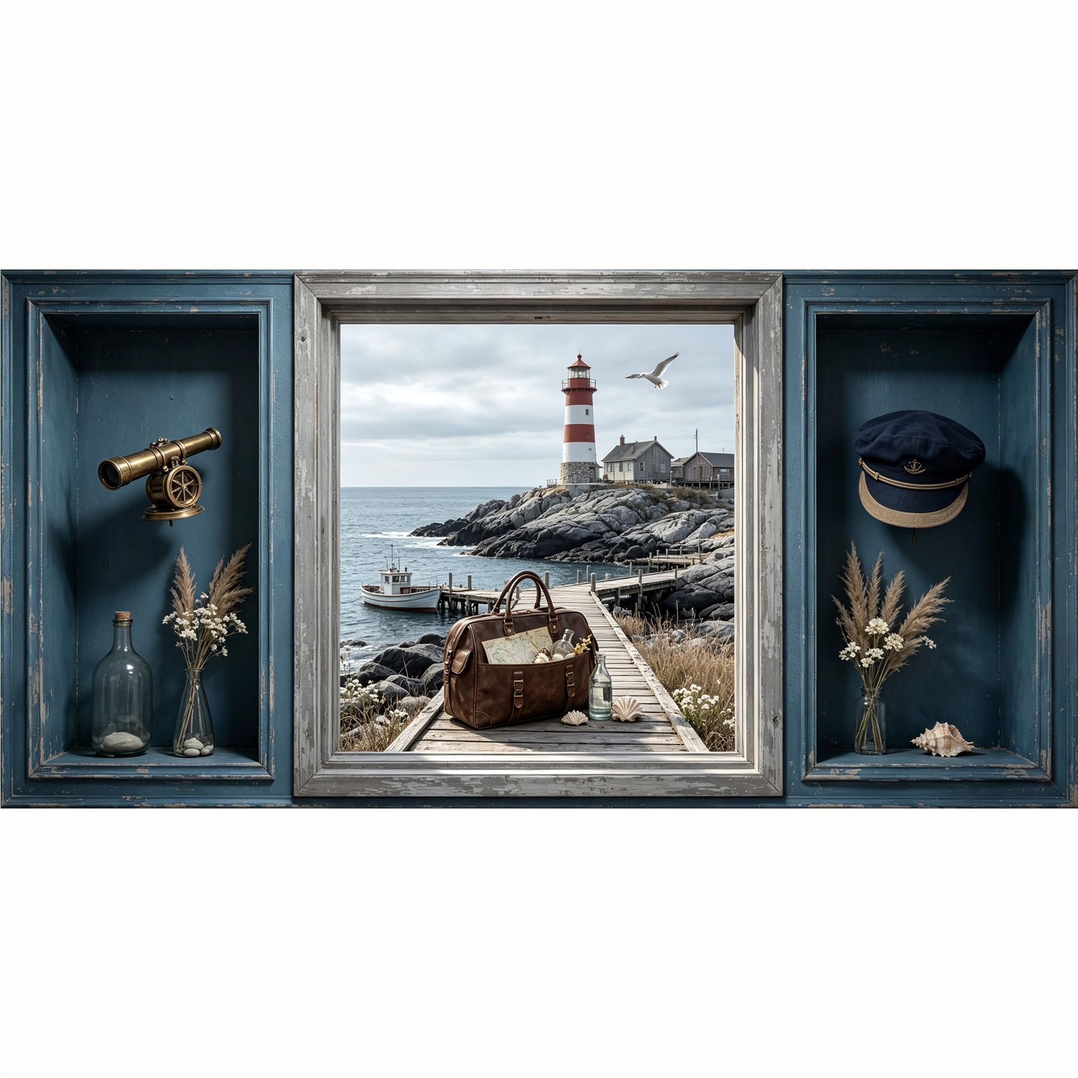 QZLITHOTIC 50x100cm 3D Framed Wall Art， Coastal Lighthouse Nautical Seascape Self‑Adhesive Mural， Water‑Activated Peel & Stick Fabric Decor Wall Decal for Bedroom Living Room