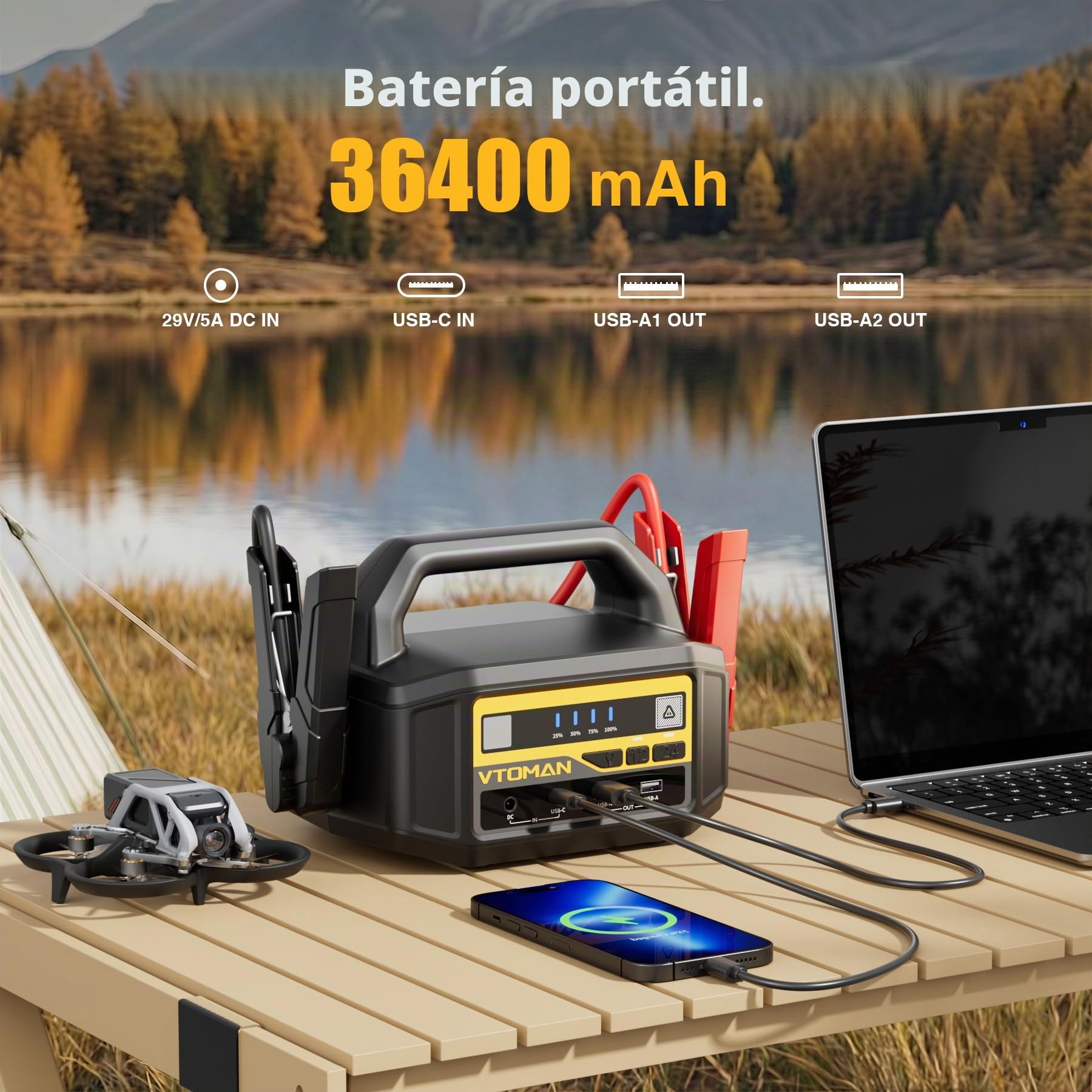 VTOMAN V-Truck - Kit de Arranque Portátil de 6000 A 12 V/24 V, 36400 mAh, Potente Paquete de Arranque para Camiones, Furgonetas y Caravanas con Linterna LED & Carga Rápida de 145 W