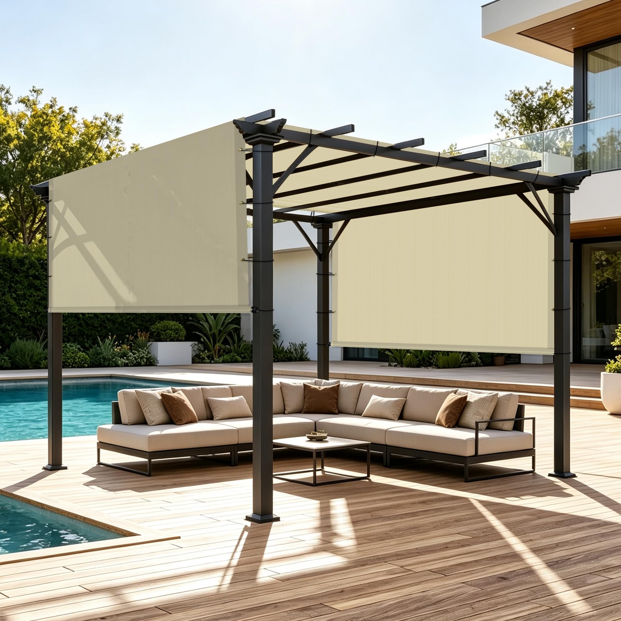 ECOOPTS 9'x12' Outdoor Shade Cover Canopy Sun Shade Cover with Grommets Weighted Rods for Pergola Patio Porch (Beige)