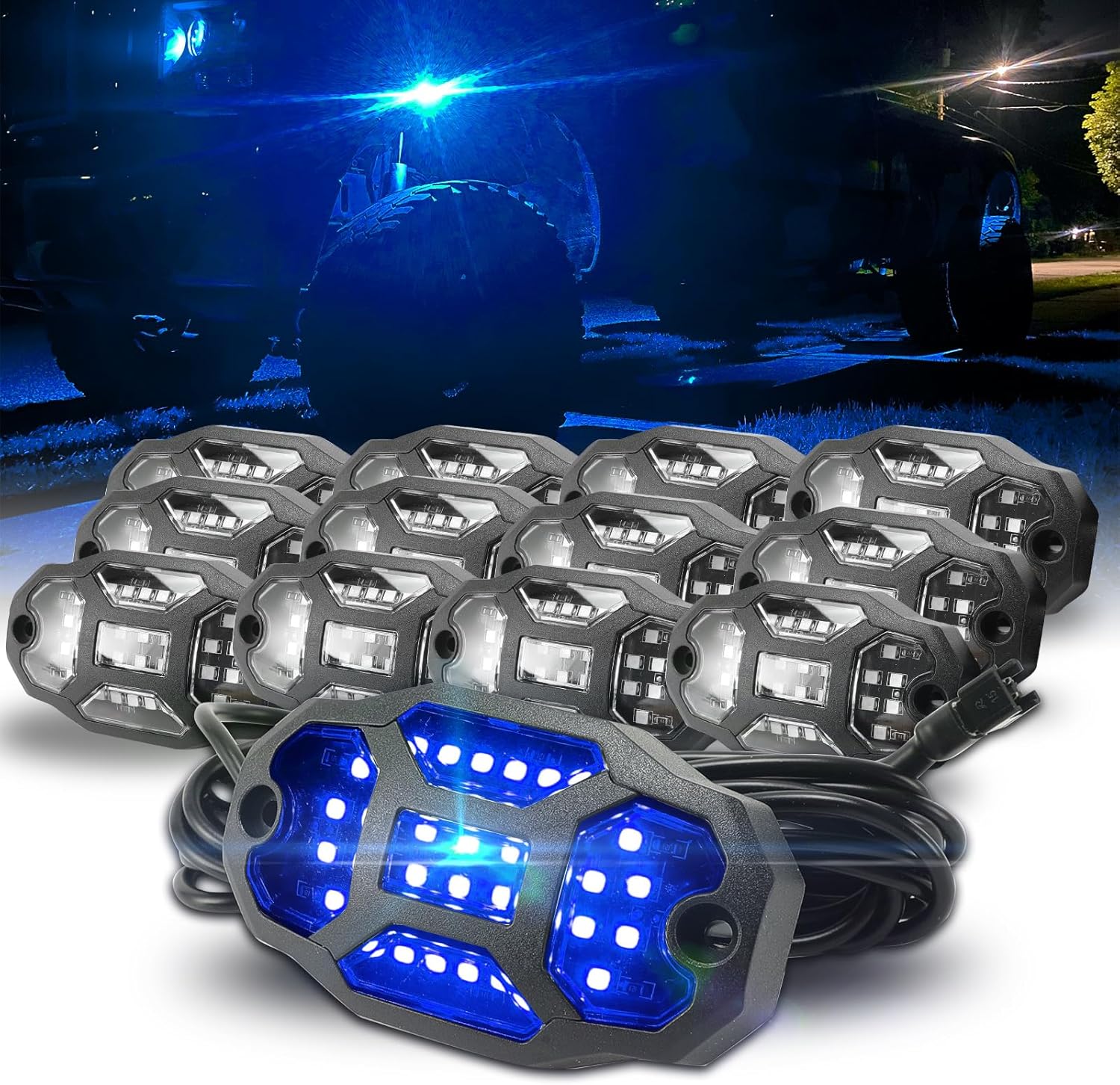 Winunite 12 Pods Blue Rock Lights Wide Angle Underglow Lights with Extension Wires, IP67 Waterproof Fender Lights for Trailer Off Road Truck ATV UTV SUV Motorcycles