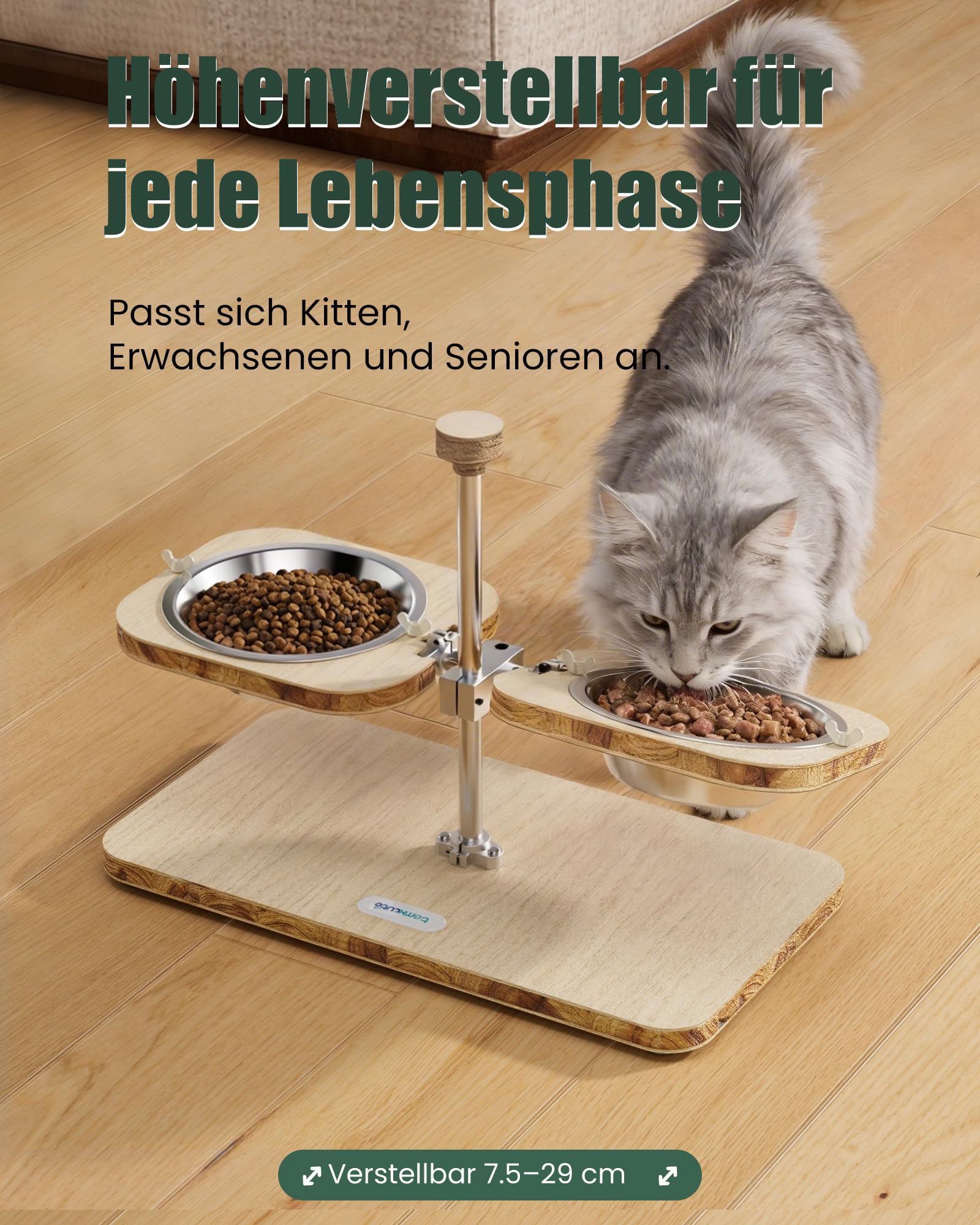 TOMXCUTE Katzennapf Erhöht aus Holz mit Edelstahlschüsseln | Individuell neigbare Näpfe, FSC-zertifiziertes Massivholz und 304 Edelstahl für ergonomisches Fressen und einfache Reinigung.