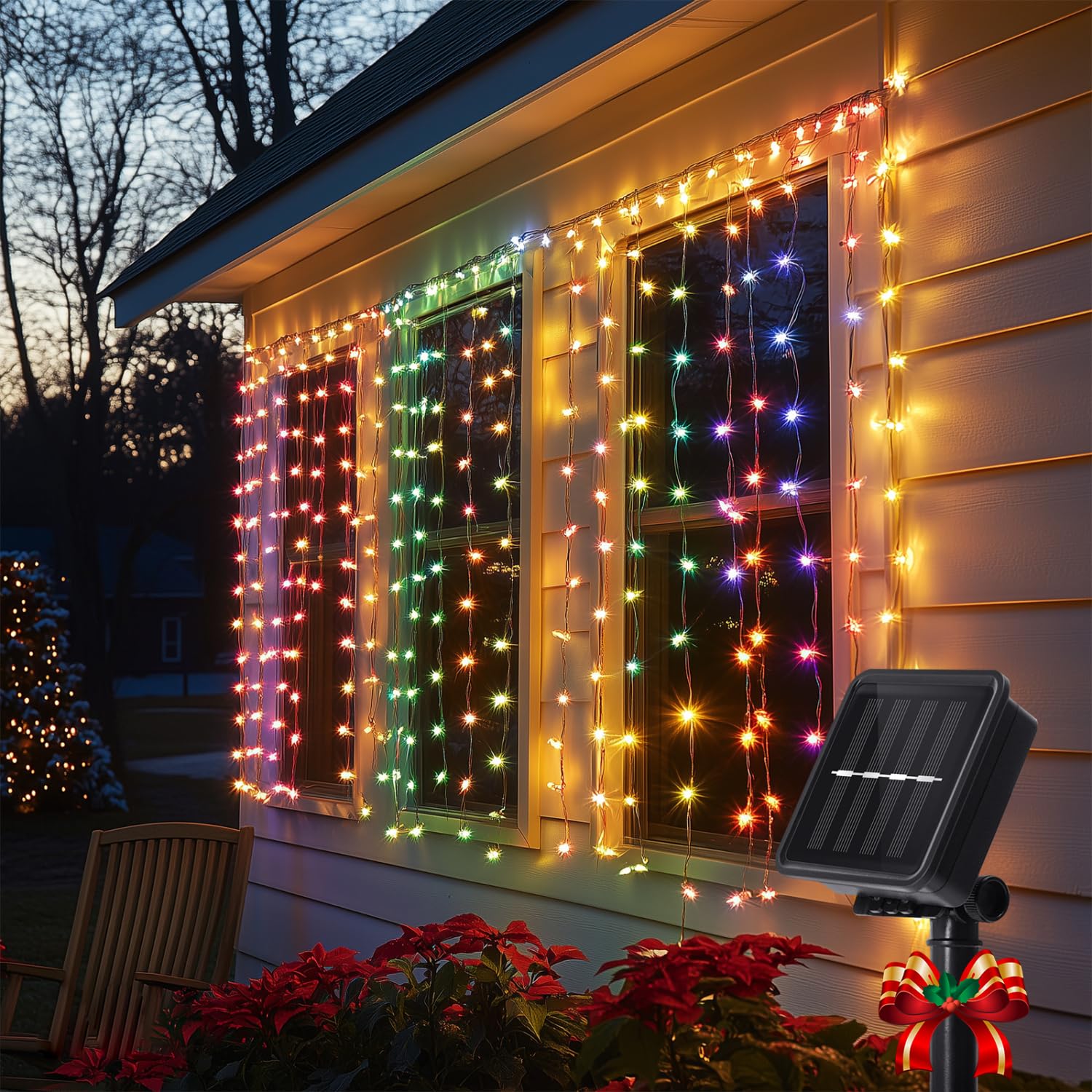 Aigostar Cortina de Luces Solar, 1m×1m 100LED Guirnalda Luces Navidad Exterior y Interior, 8 Modos Luces de Cadena de Cortina, IP65 Impermeable Cadena de Luces para Jardín, Fiesta, Habitacion (RGB)