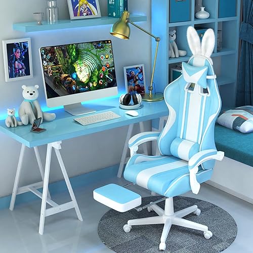 Miniatura 2 de Ferghana Blue Gaming Chair with Bunny Ear, Cute Massage Gaming Chairs for Adults & Teens, Office PC Gamer Chair with Footrest, Kawaii Computer Game