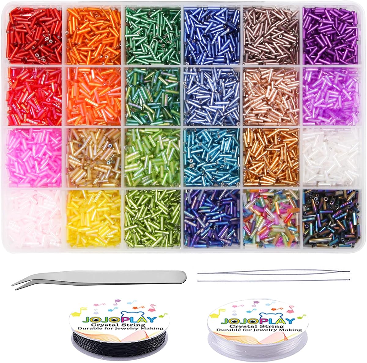 Kit de cuentas de semilla en tubo, 7 mm, cuentas de vidrio para manualidades con aguja para cuentas, cuerda elástica para pulsera, collar, fabricación de joyas (24 colores)