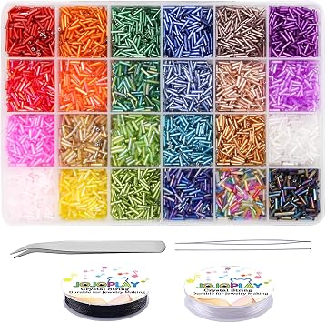 Tube Seed Beads Kit, 7mm, Craft Bugle Glass Beads with Bead Needle, Elastic String for Bracelet Necklace Jewelry Making 24 Colors