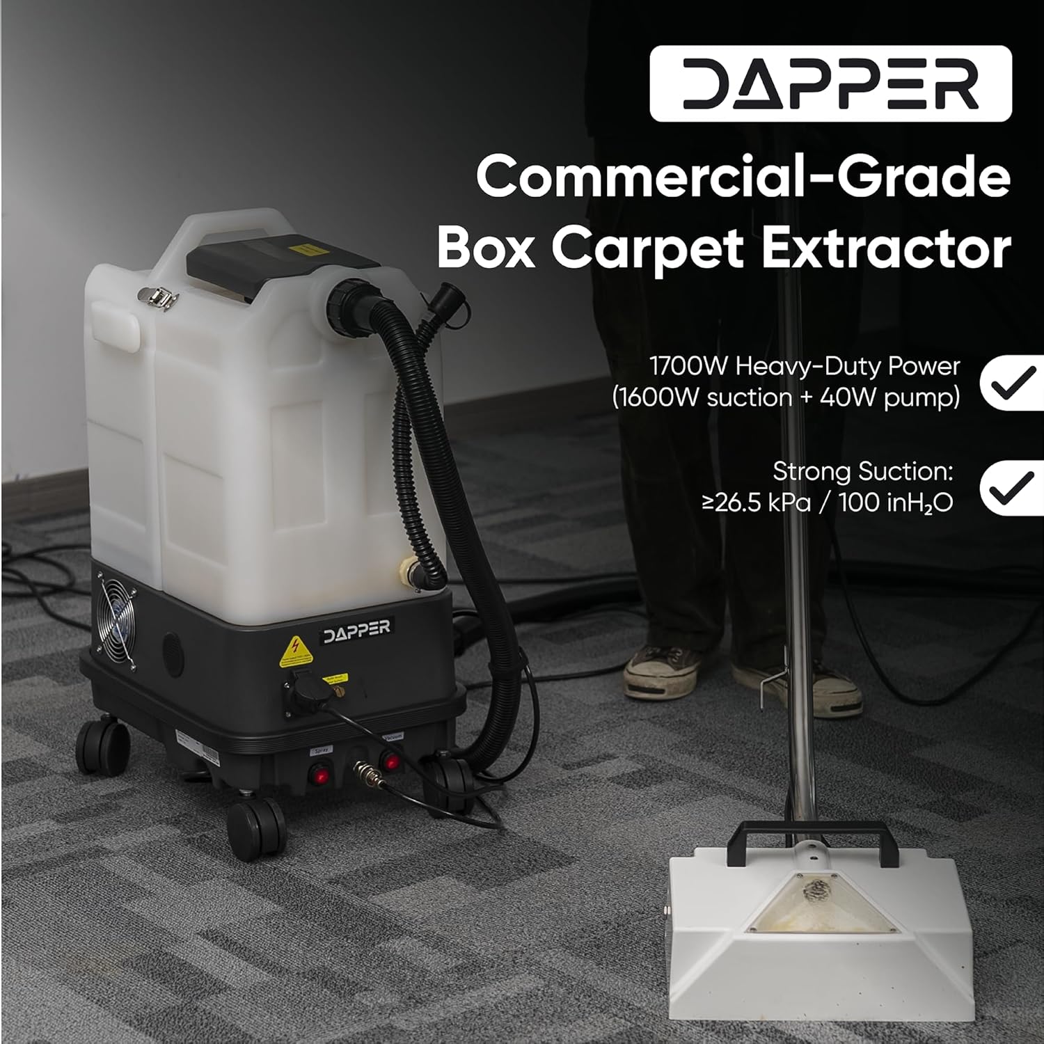 Dapper Commercial Box Carpet Extractor with 13" Motorized Brush Head, Cold Water Extraction, Strong Suction and 6.5 Gal Tanks — Ideal for Hotels, Offices, & Commercial Cleaning