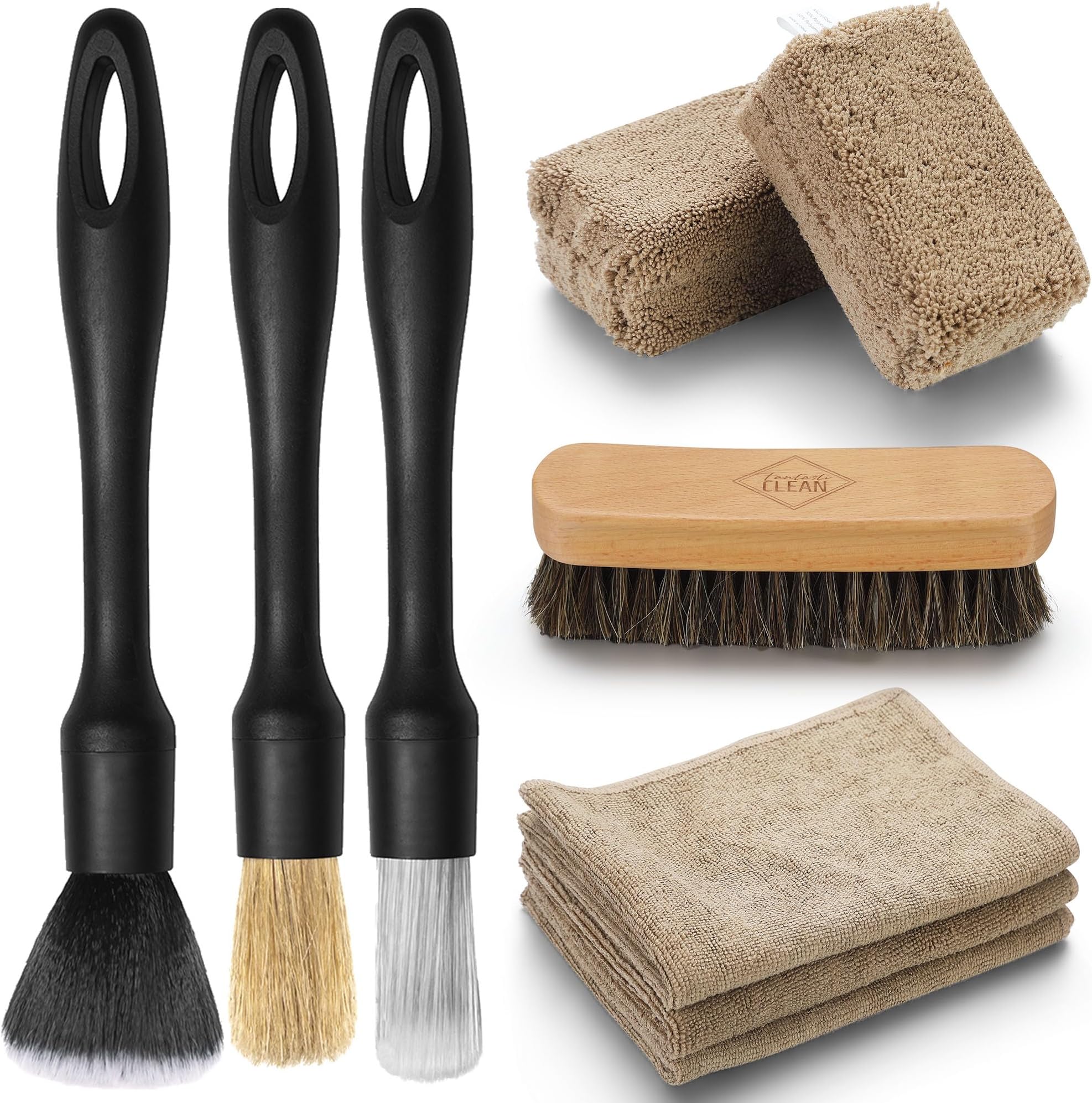 9PCS Car Interior Detailing Set, Microfiber Cloth & Applicator, Single-Head Detailing Brushes, Natural Bristles, Scratch-Free & Ultra-Soft for Seats Leather Care or Cleaning