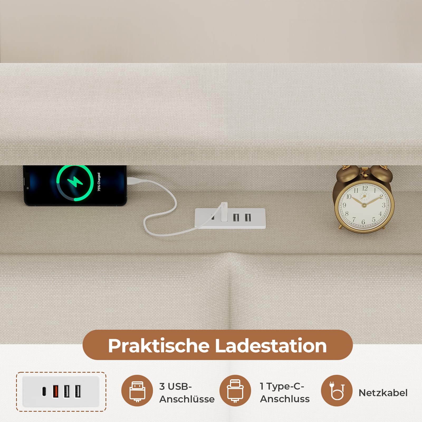 AOGLLATI Polsterbett Schlafsofa 140x200 mit USB-Steckdosen & hydraulischem Stauraum, Betten 140x200 mit LED-Kopfteil & Lattenrost, Kinderbett Tagesbett, Doppelbett, Leinen, Beige (ohne Matratze)