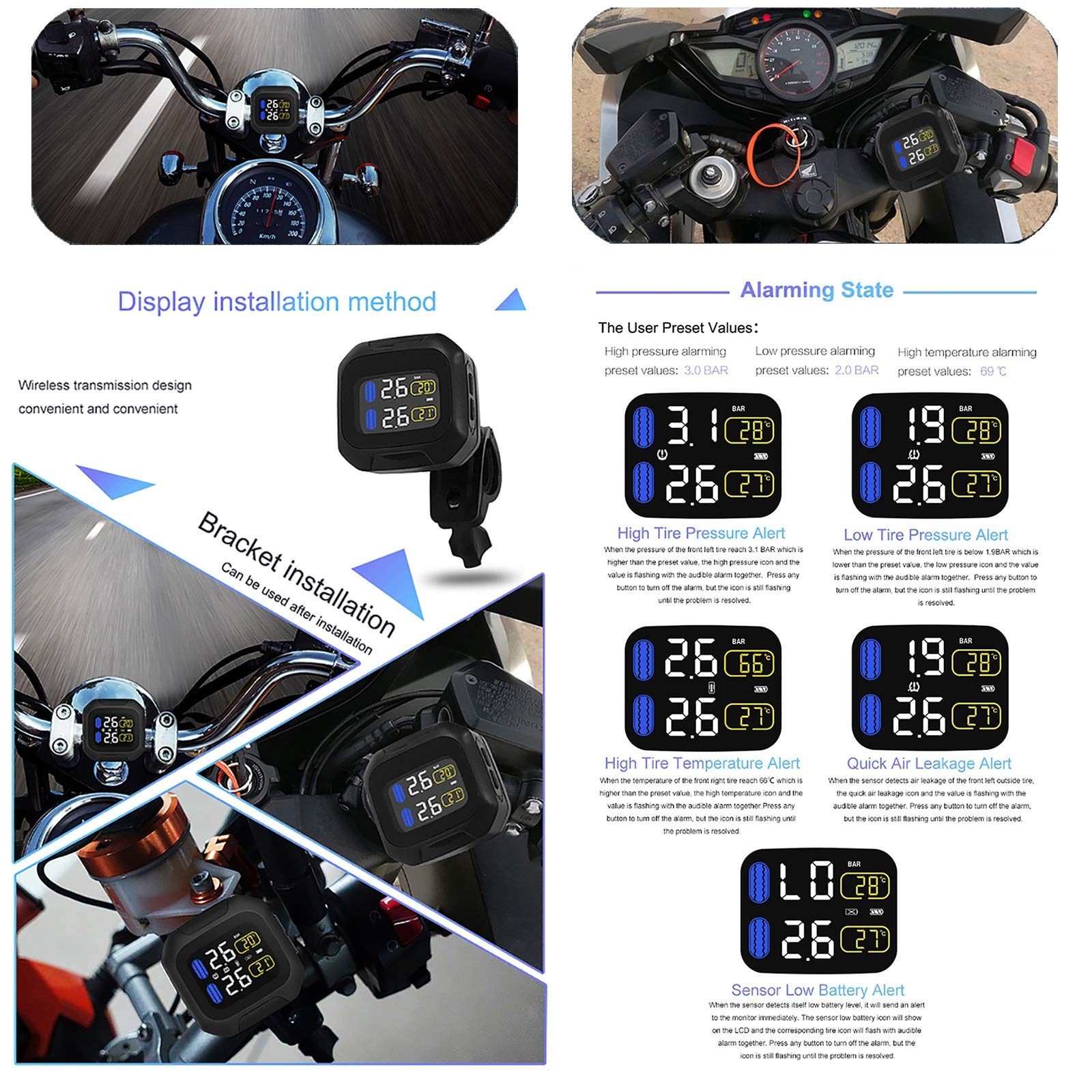 Sistema di monitoraggio della Pressione dei Pneumatici per Moto TPMS Wireless TPMS, IP5K4K Kit da monitoraggio in Tempo Reale Impermeabile IP5K4K 4,5 "con 2 sensore (Color : WI1)