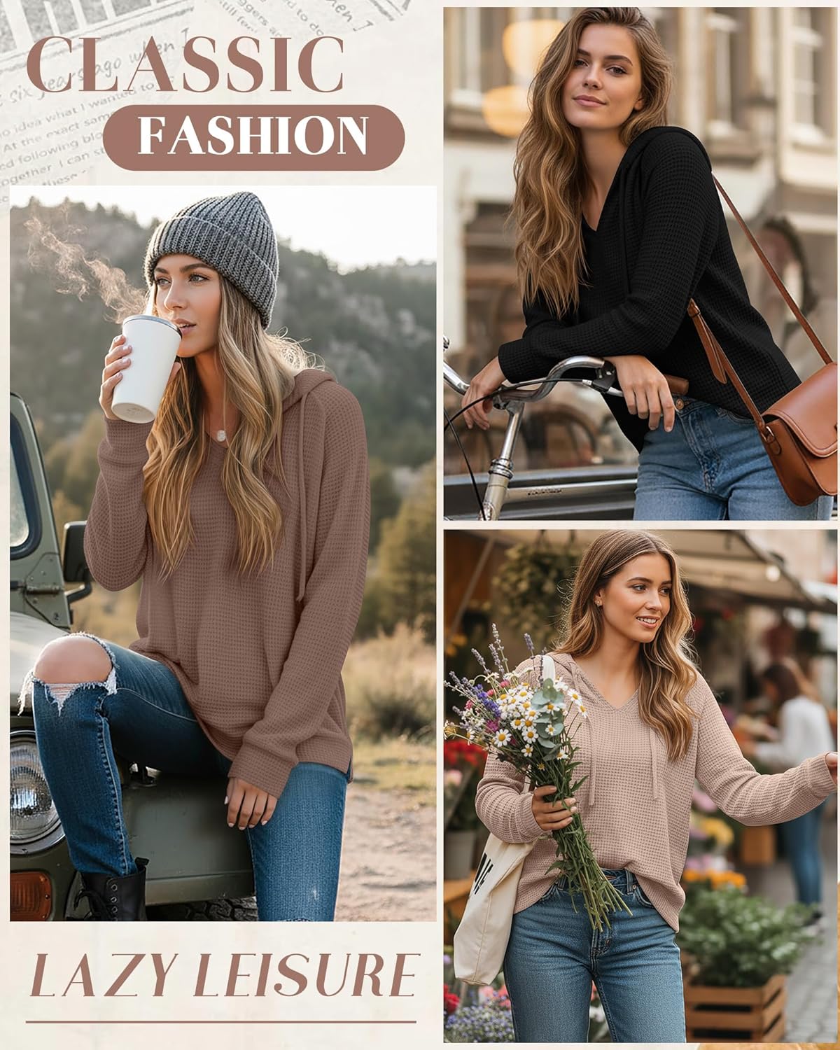 3 Pack Women's Waffle Knit Lightweight Hoodies Long Sleeve V Neck Drawstring Hooded Sweaters Casual Pullovers Tops - Image 2