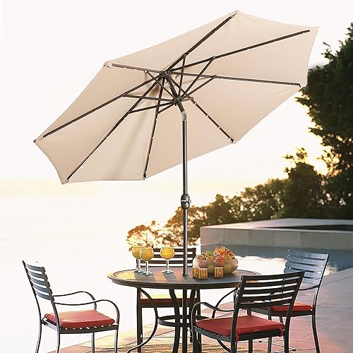 MONDAWE Sombrilla de patio al aire libre de 9 pies con botón de inclinación y manivela, sombrilla redonda de aluminio con 8 varillas resistentes