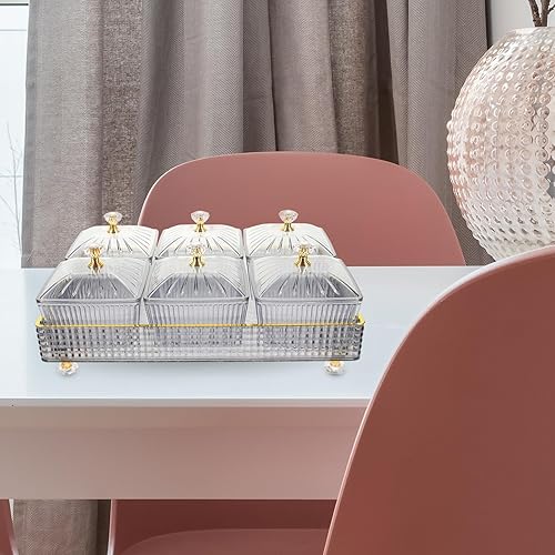 Miniatura 6 de Bandeja de frutas secas con tapa, 6 compartimentos para servir nueces y dulces, bandeja de aperitivos, caja de almacenamiento de alimentos, plato de