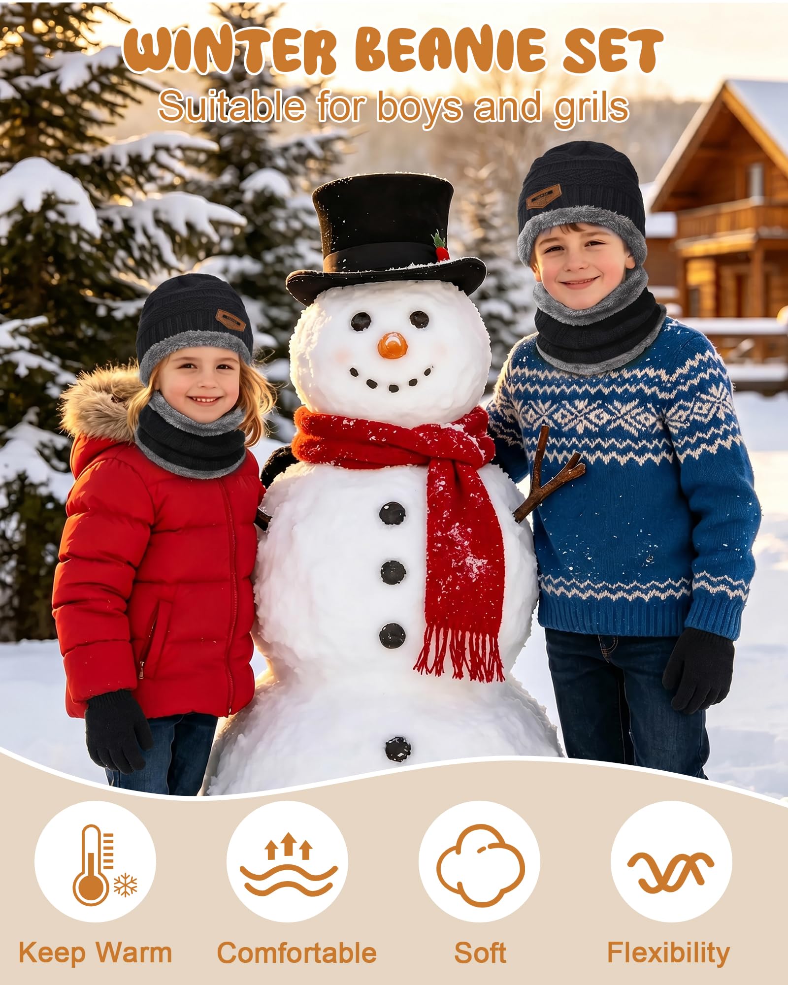 3 Pcs Boys Girls Winter Beanie Hat Scarf Gloves Set Thick Knitted Warm Toddler Winter Hat Mittens Neck Warmer for Kids, Black, Large 4