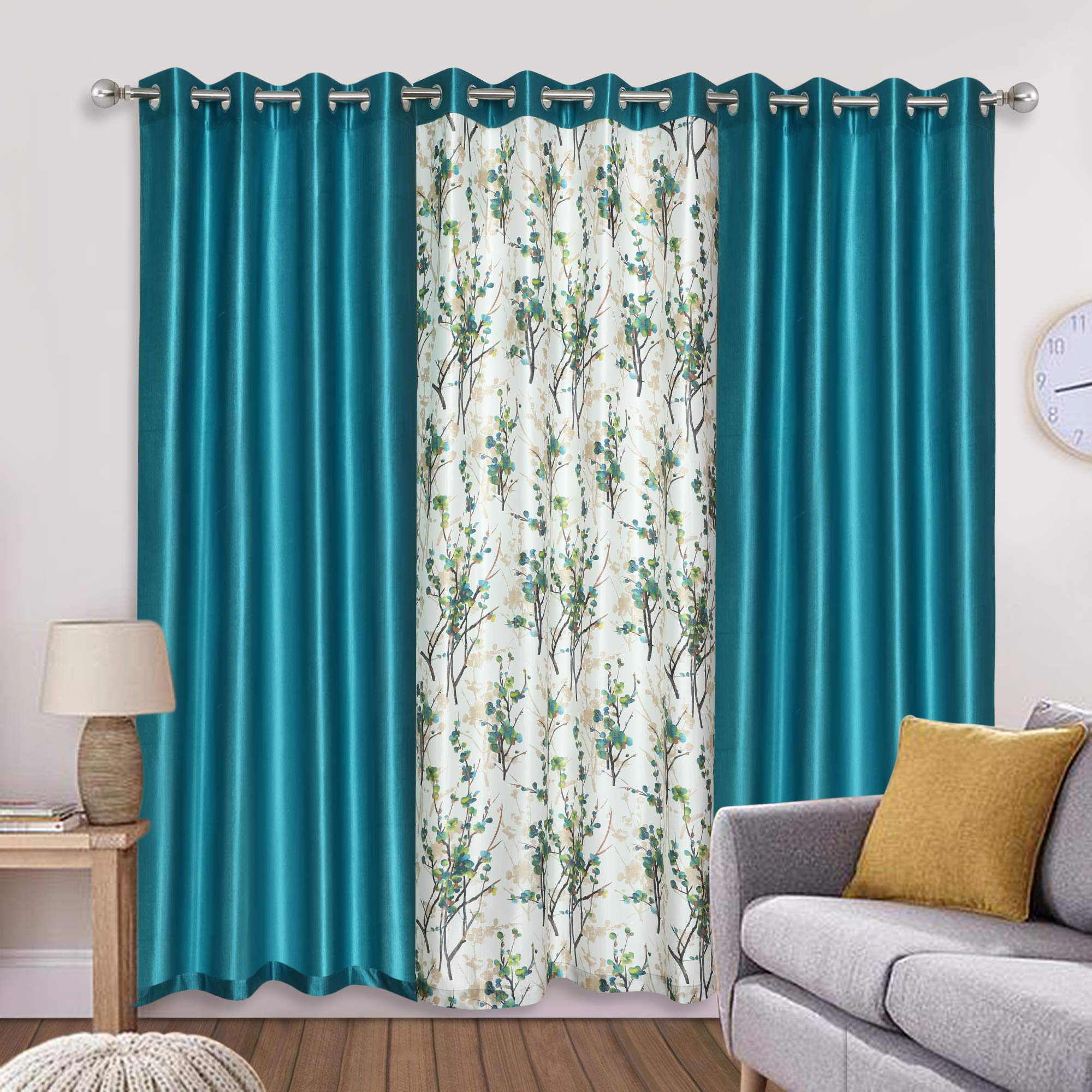 Reyansh Decor Polyester Leaf Printed Contrast Light Filtering Eyelet Curtains for Long Door 9 FT (273 cm), Turquoise Pack of 3(1+2) (B08ZMWJGY1) Amazon Price History, Amazon Price Tracker
