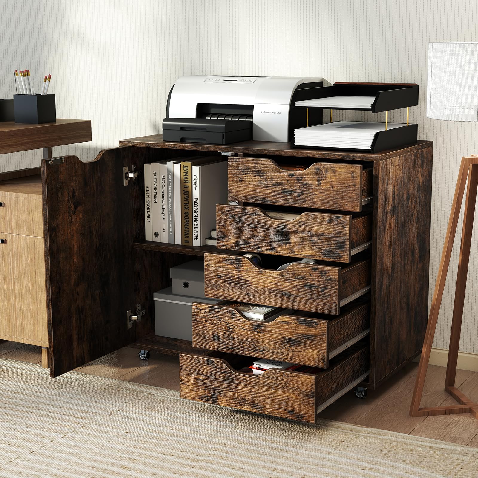 GIANTEX Rollcontainer mit 5 Schubladen & Schrank, Aktenschrank mit Rollen, Schubladenschrank Holz unter Schreibtisch, Druckertisch für Zuhause & Büro (Braun, 78 x 40 x 65 cm)