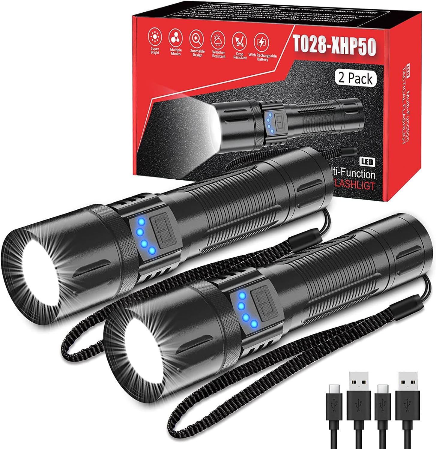 NO Battery Rechargeable Flashlight, Lumen Tactical Flashlight, IPX7 Waterproof, Zoomable, 5 Modes Handheld Flashlights for Camping Dog Walking Emergency 2 Pack