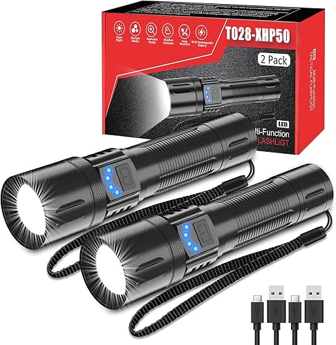 NO Battery Rechargeable Flashlight, Lumen Tactical Flashlight, IPX7 Waterproof, Zoomable, 5 Modes Handheld Flashlights for Camping Dog Walking Emergency 2 Pack