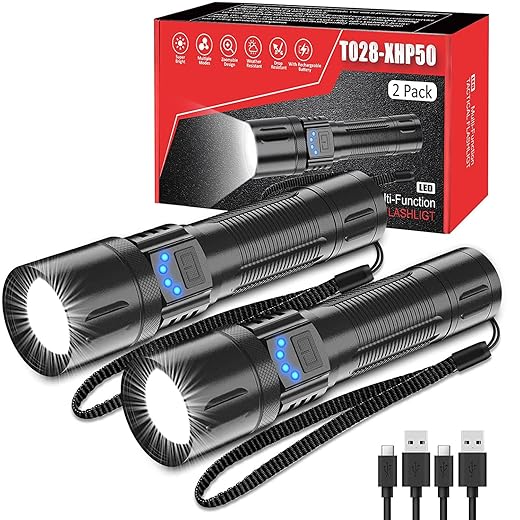 Rechargeable Flashlight, 10000 High Lumen Tactical Flashlight (NO Battery), IPX7 Waterproof, Zoomable, 5 Modes Handheld Flashlights for Camping Dog Walking Emergency 2 Pack