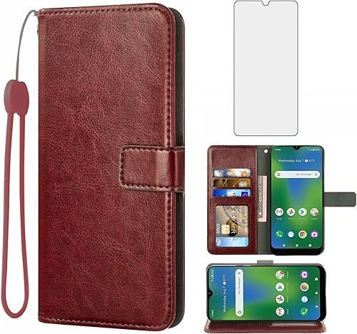 Compatible con Cricket influence V350CAT & t Maestro Plus V350U - Funda tipo cartera de vidrio templado con protector de pantalla y tapa de piel,