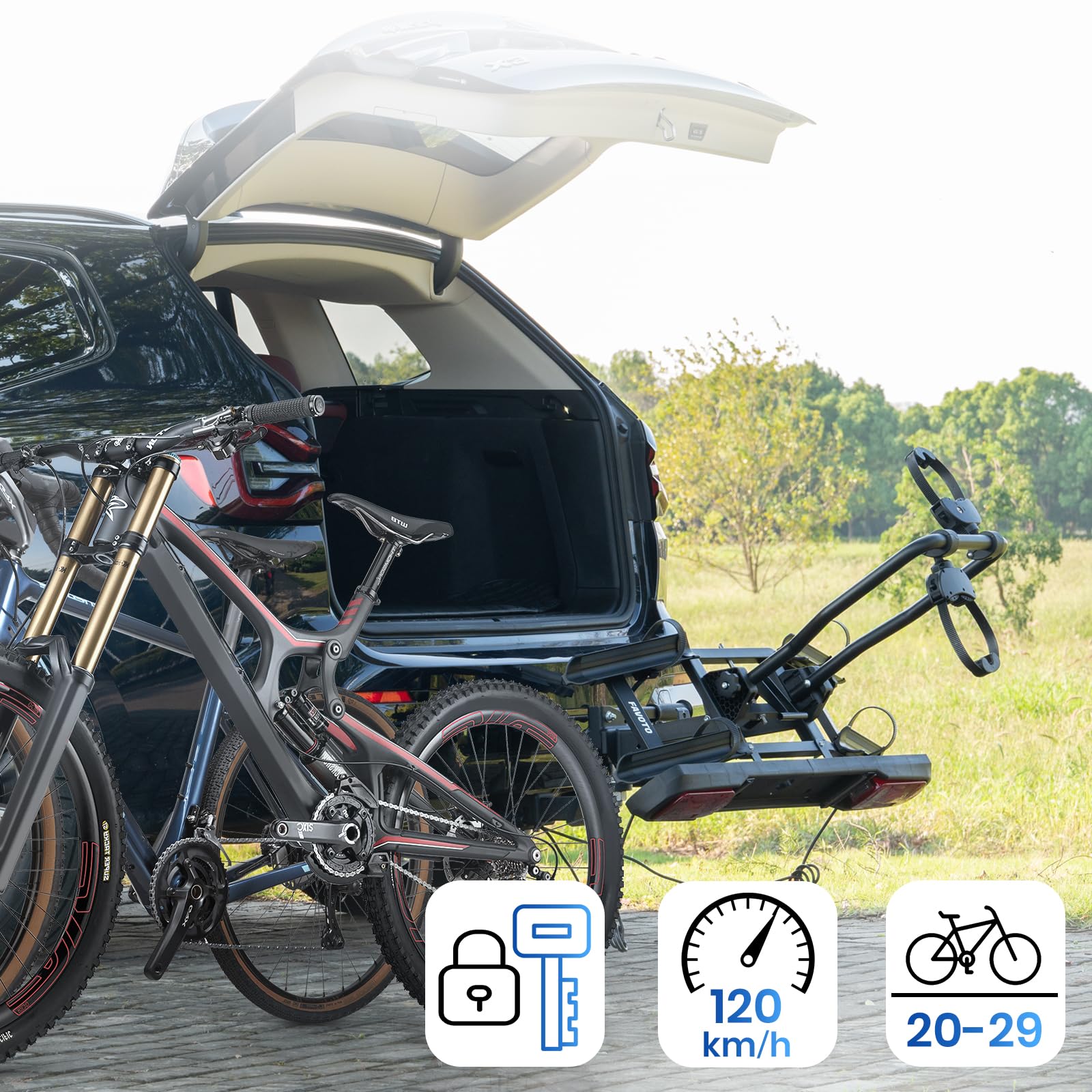 Favoto Portabici da Gancio Traino per 2 Biciclette - Pieghevole con Ruote e Serratura Capacità 50kg Adatto a Pneumatici fino a 2.25" Struttura in Alluminio Facile da Trasportare
